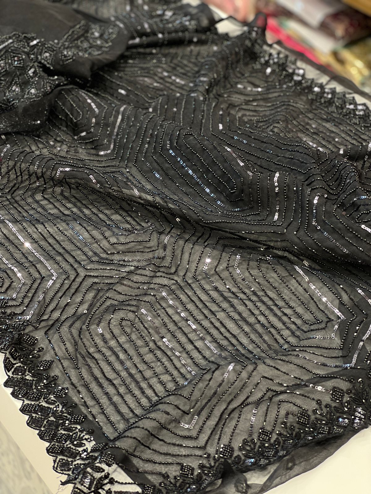 Black Organza Sequin Moti Embroidery Saree