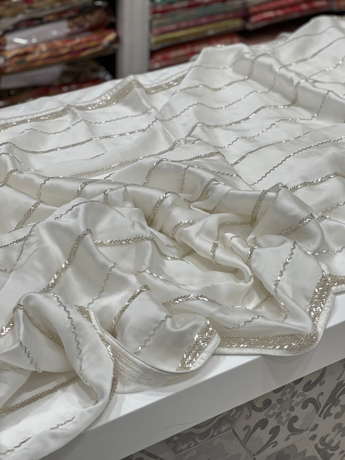White Satin Organza Salli Hand Embroidery Saree