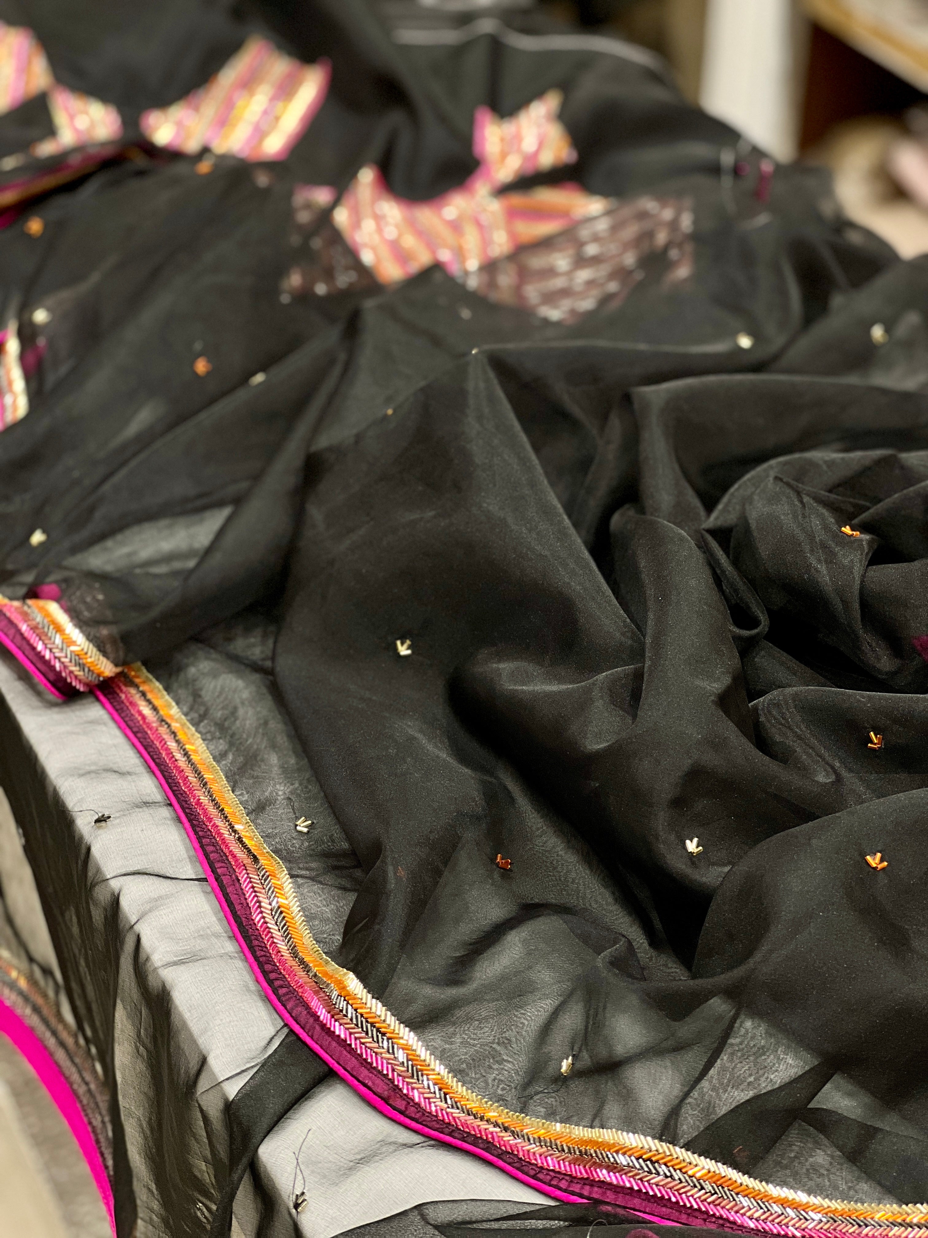 Black Organza Hand Embroidery Heavy Blouse Saree
