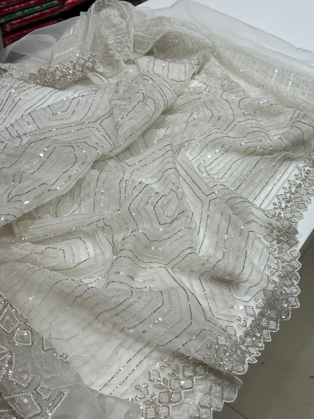 White Organza Moti Sequins Embroidery