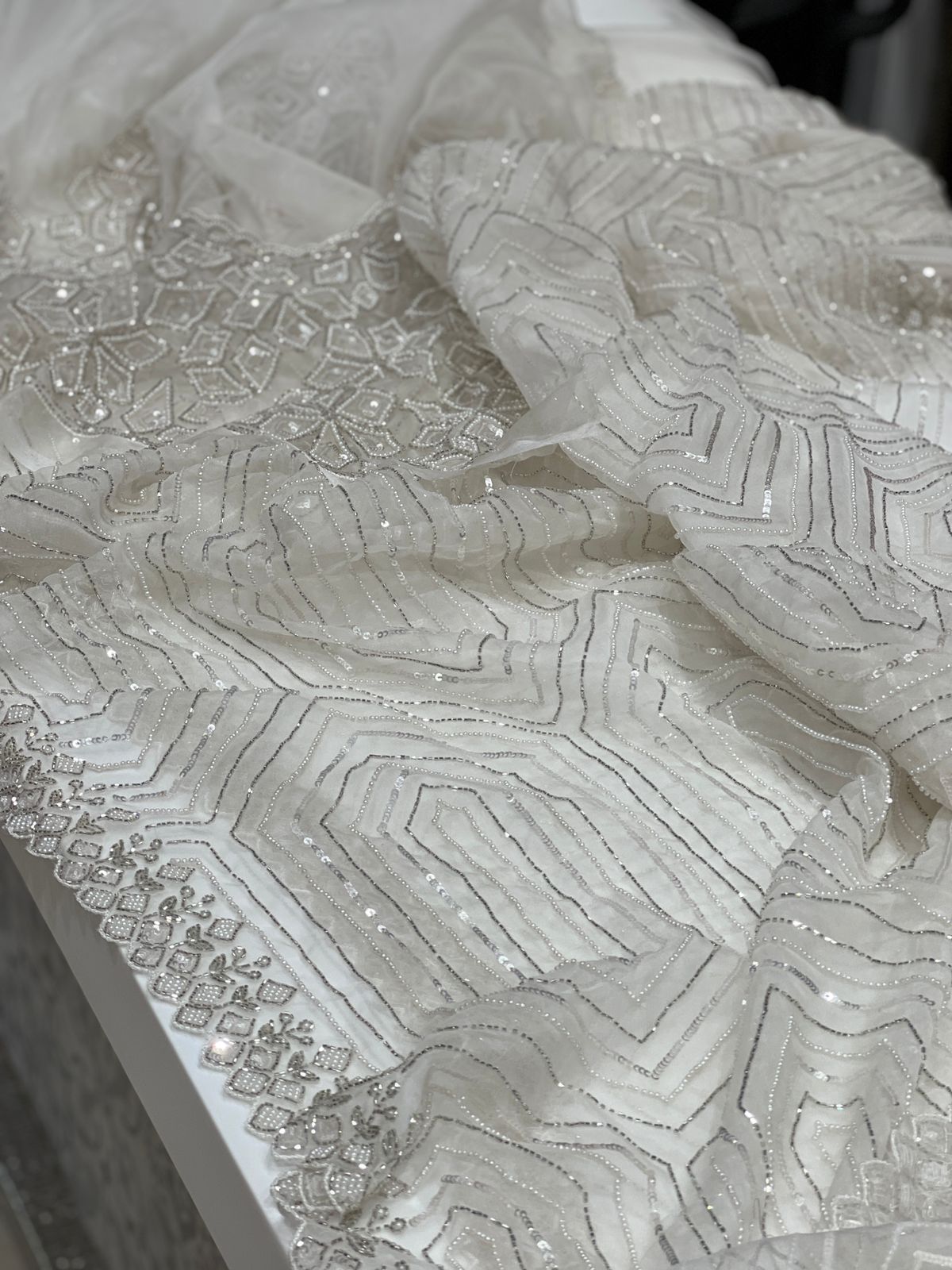 White Organza Moti Sequins Embroidery