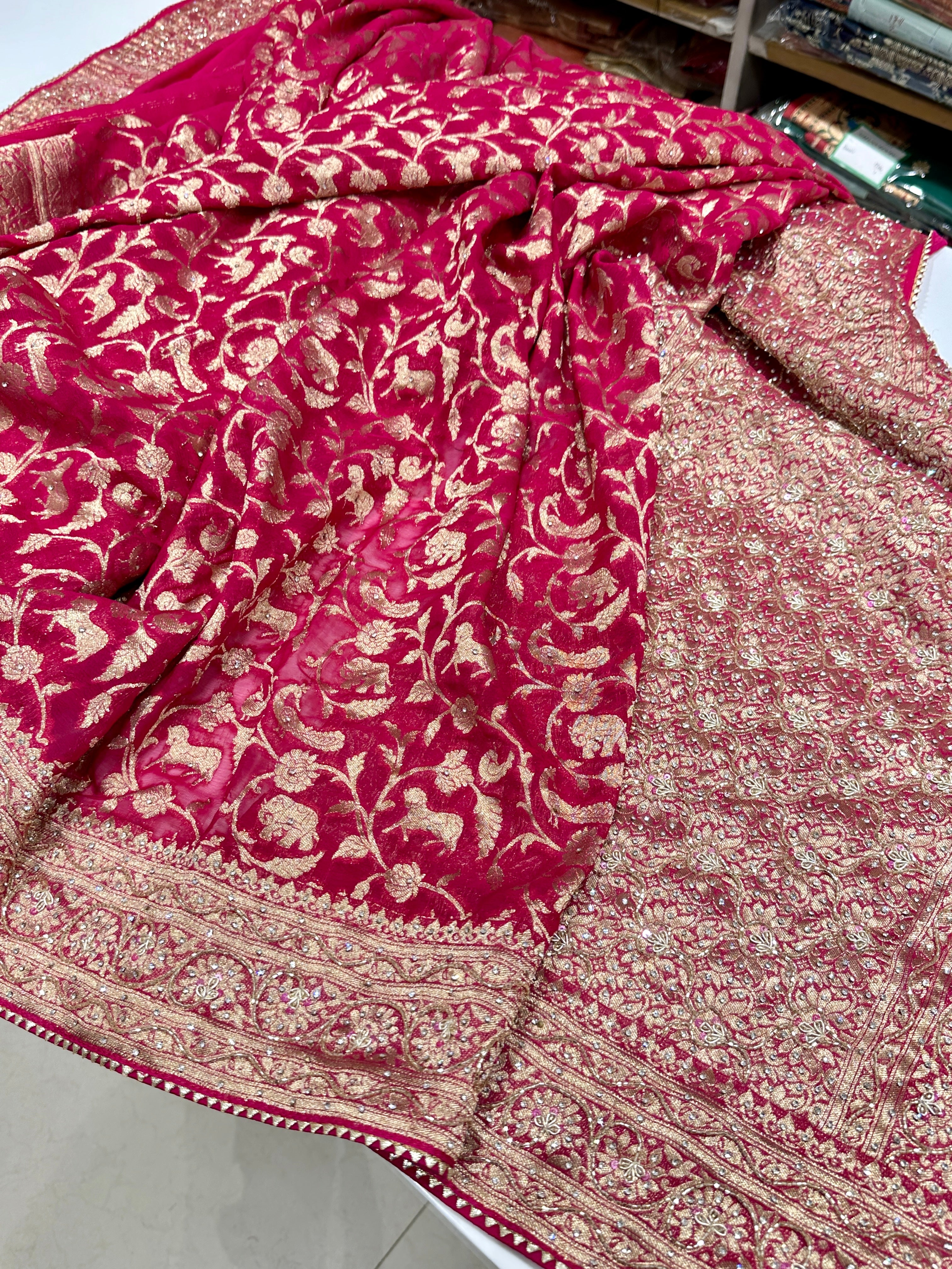 Rani Pink Banarasi Khaddi Georgette Shikara Hand Embroidery Saree