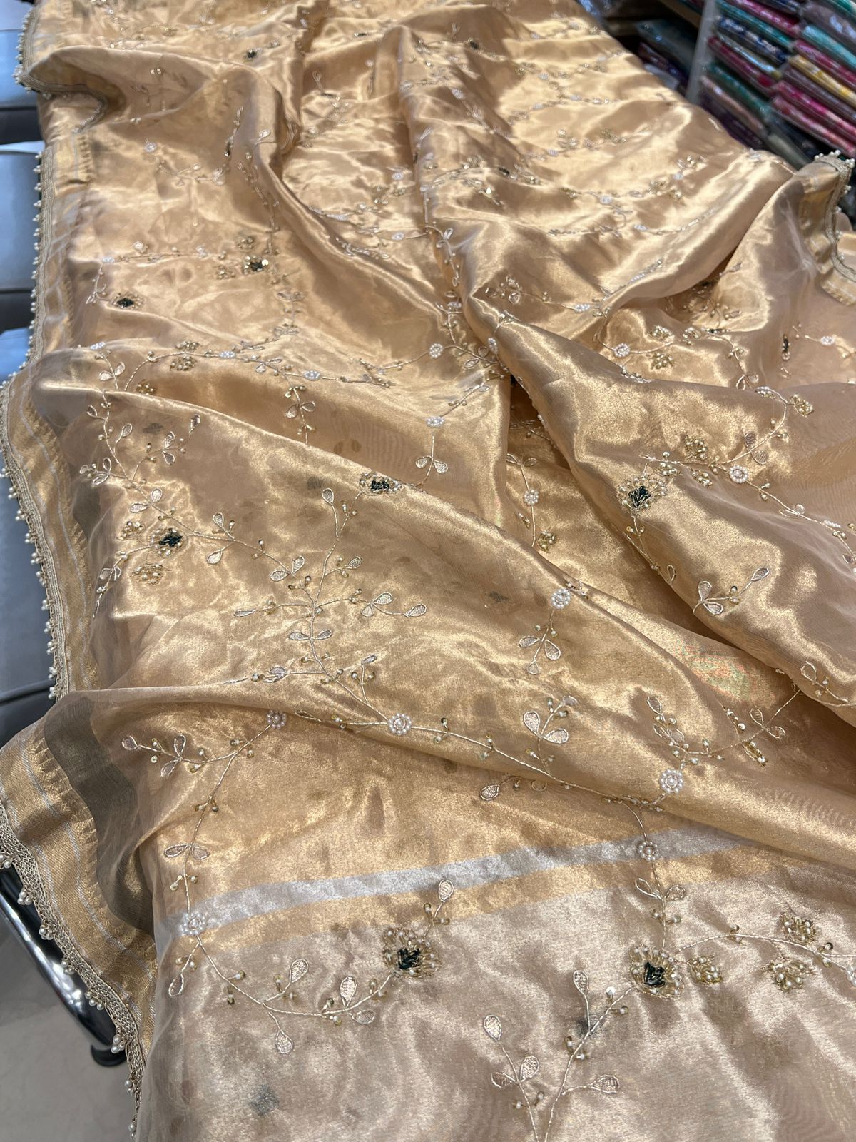 Gold Tissue Embroidery Green Zardozi Saree