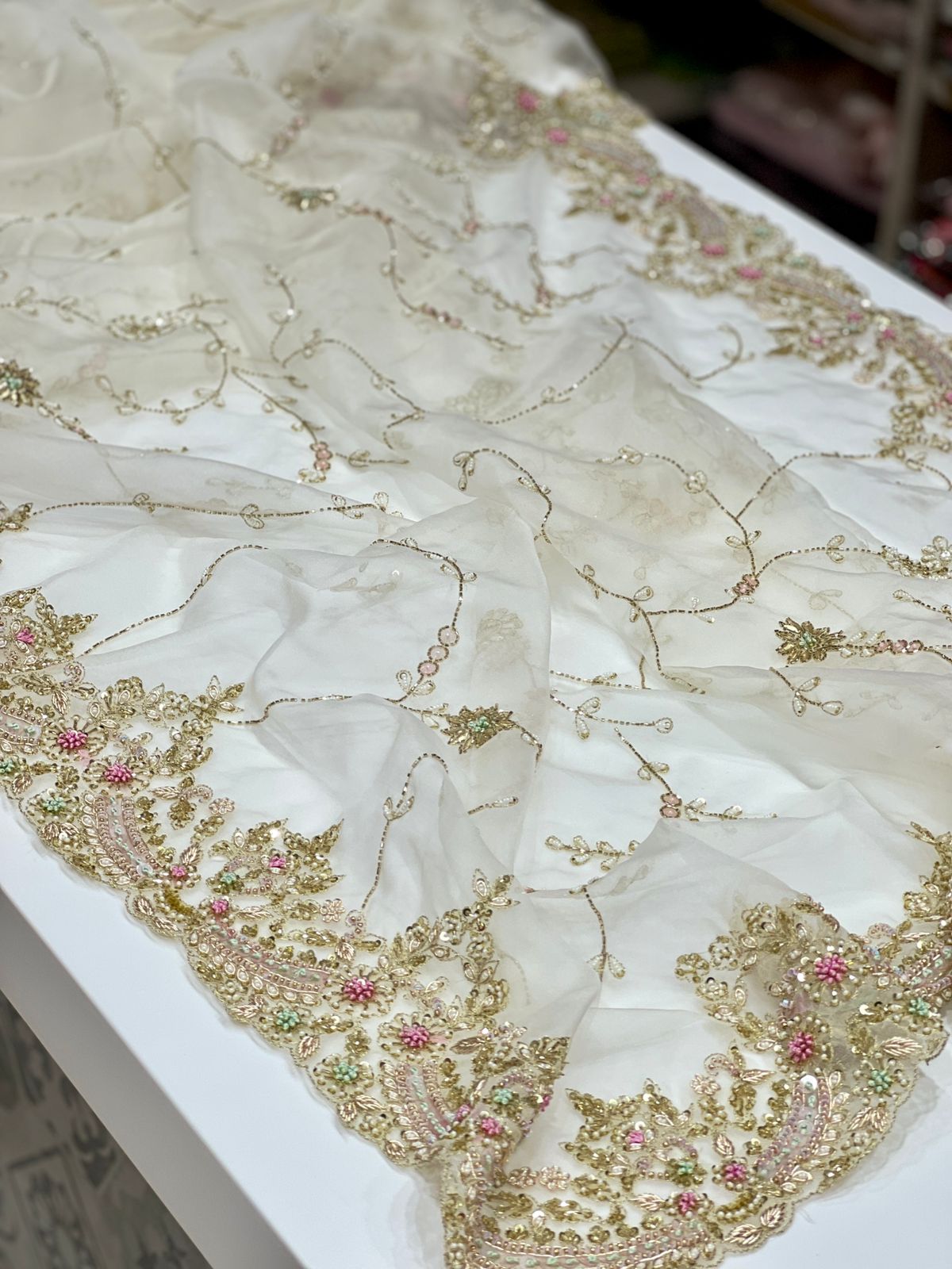 White Organza Zardosi Knot Hand Embroidery Saree