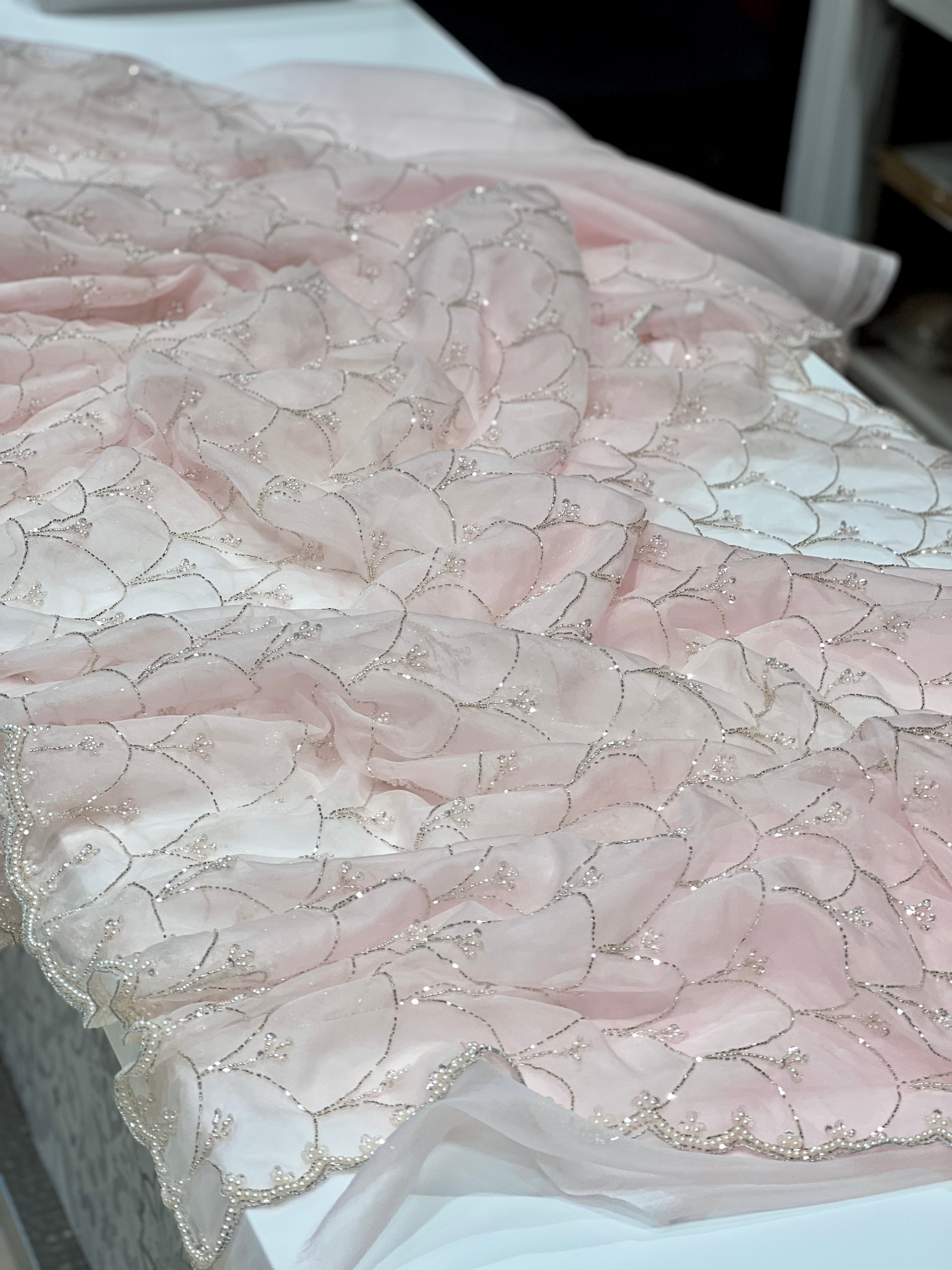 Pink Organza Moti Sequin Hand Embroidery Saree