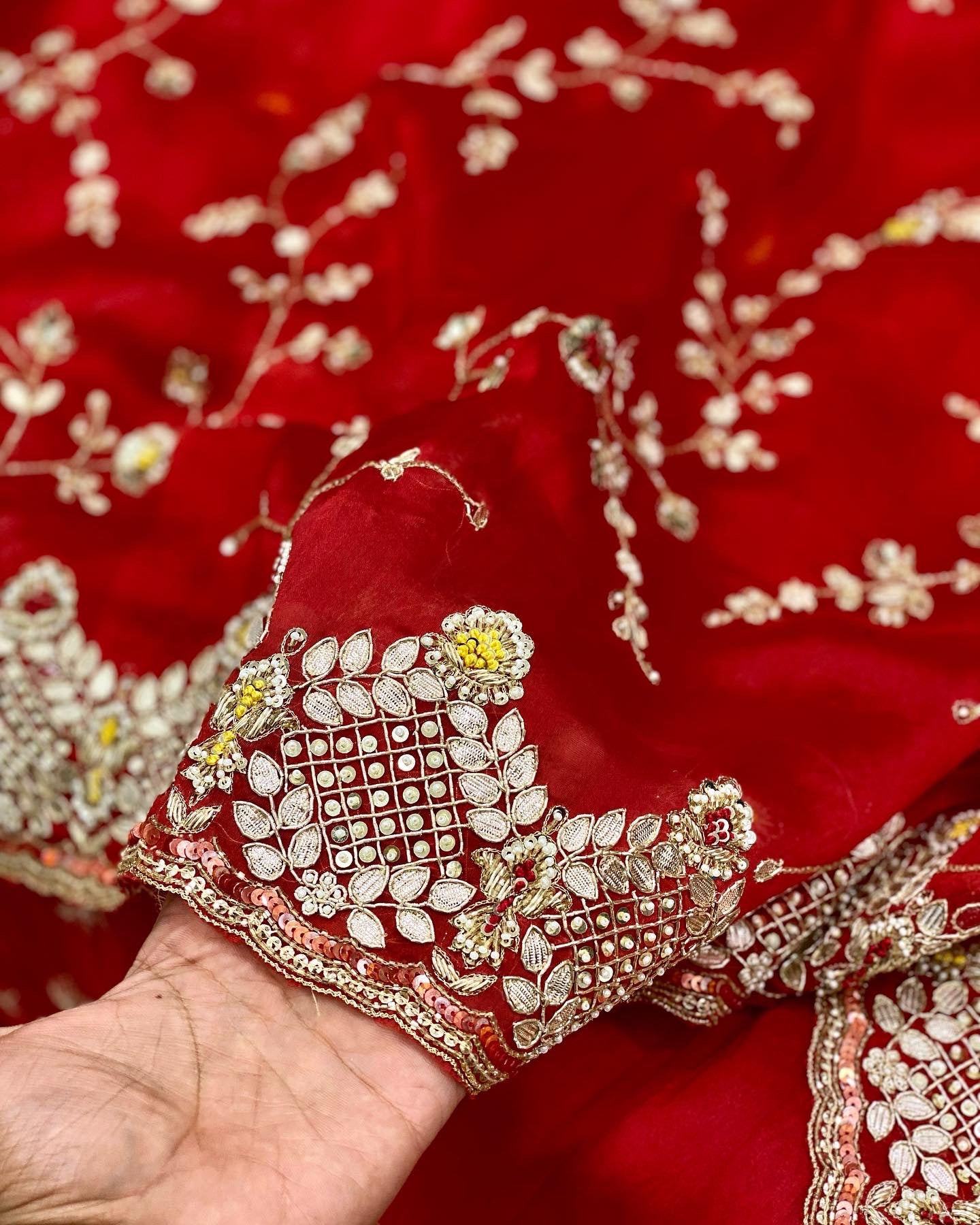 Red Hand Embroidery Organza Saree
