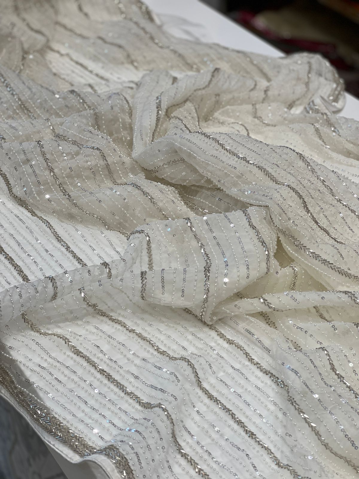 White Organza Moti Salli Hand Embroidery Saree