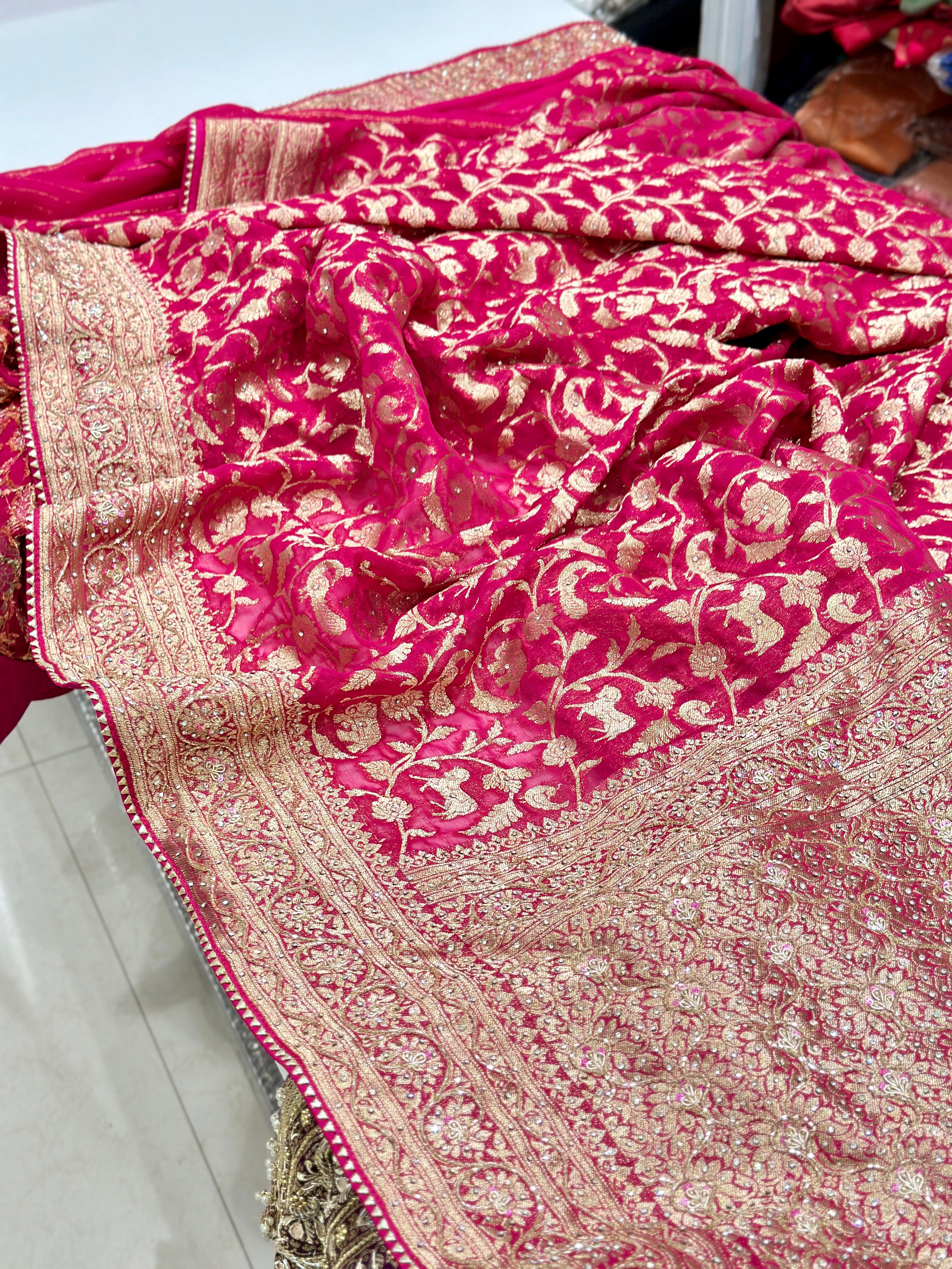 Rani Pink Banarasi Khaddi Georgette Shikara Hand Embroidery Saree
