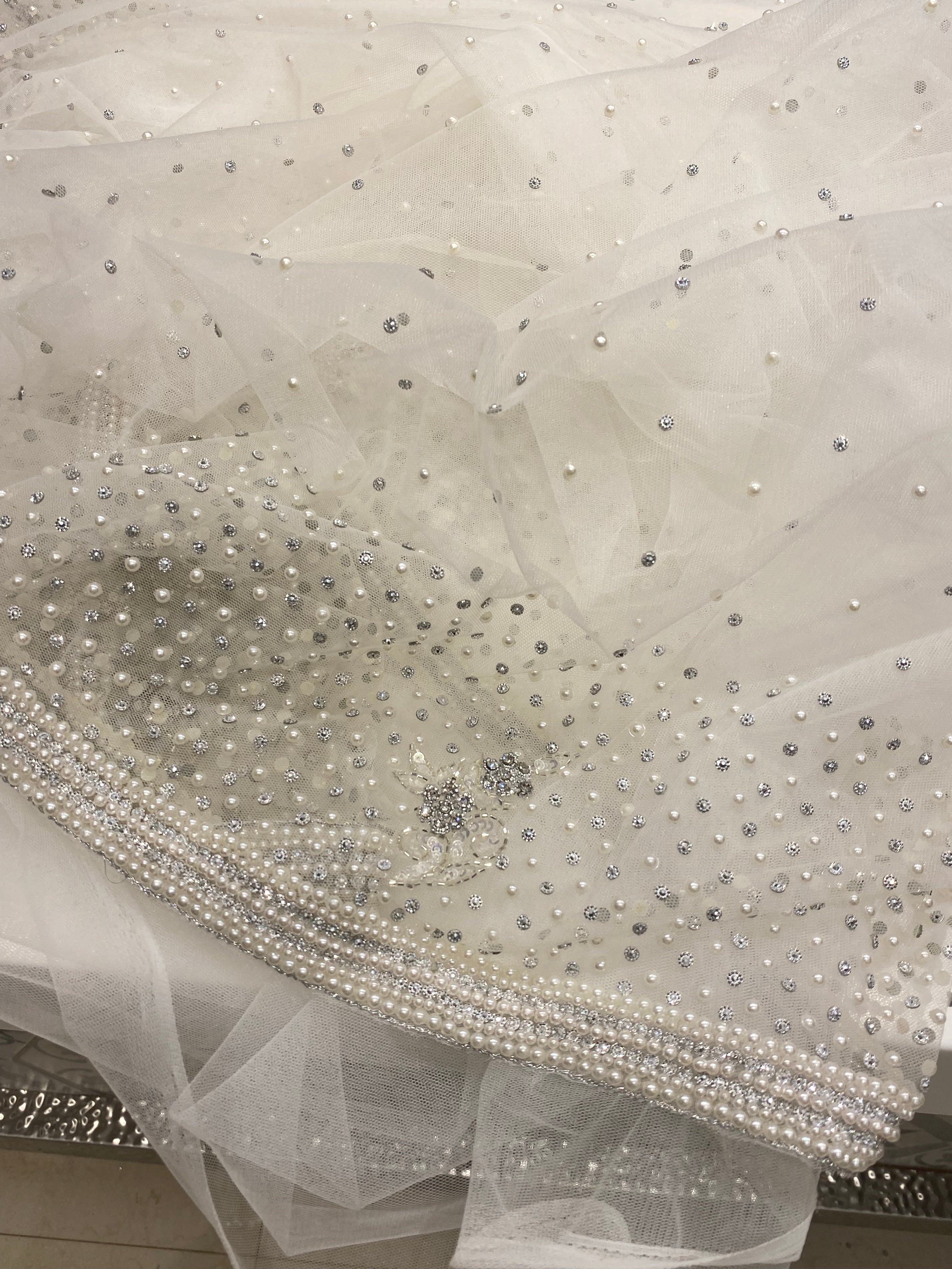 Moti White Hand Embroidery Net Saree