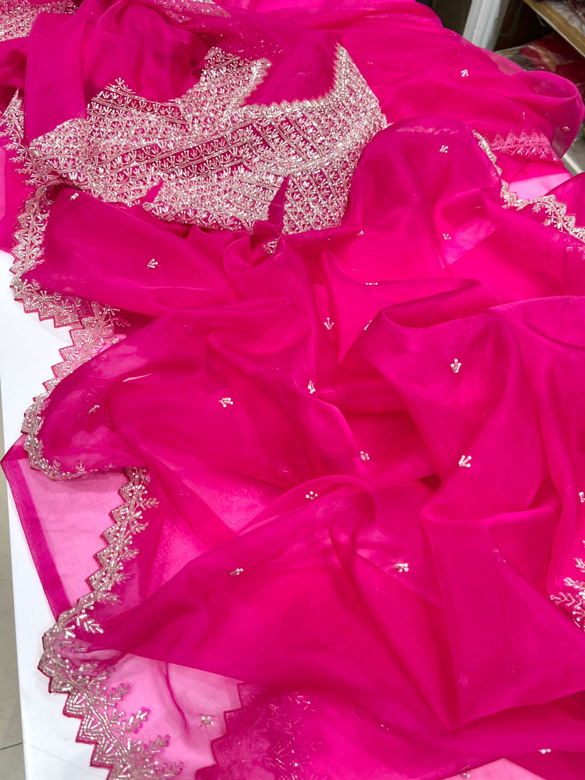 Rani Pink Organza Heavy Blouse Saree Salli Work