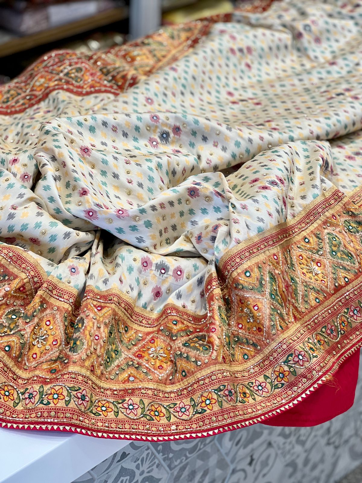 White Patola Saree Hand Embroidery Tissue Border