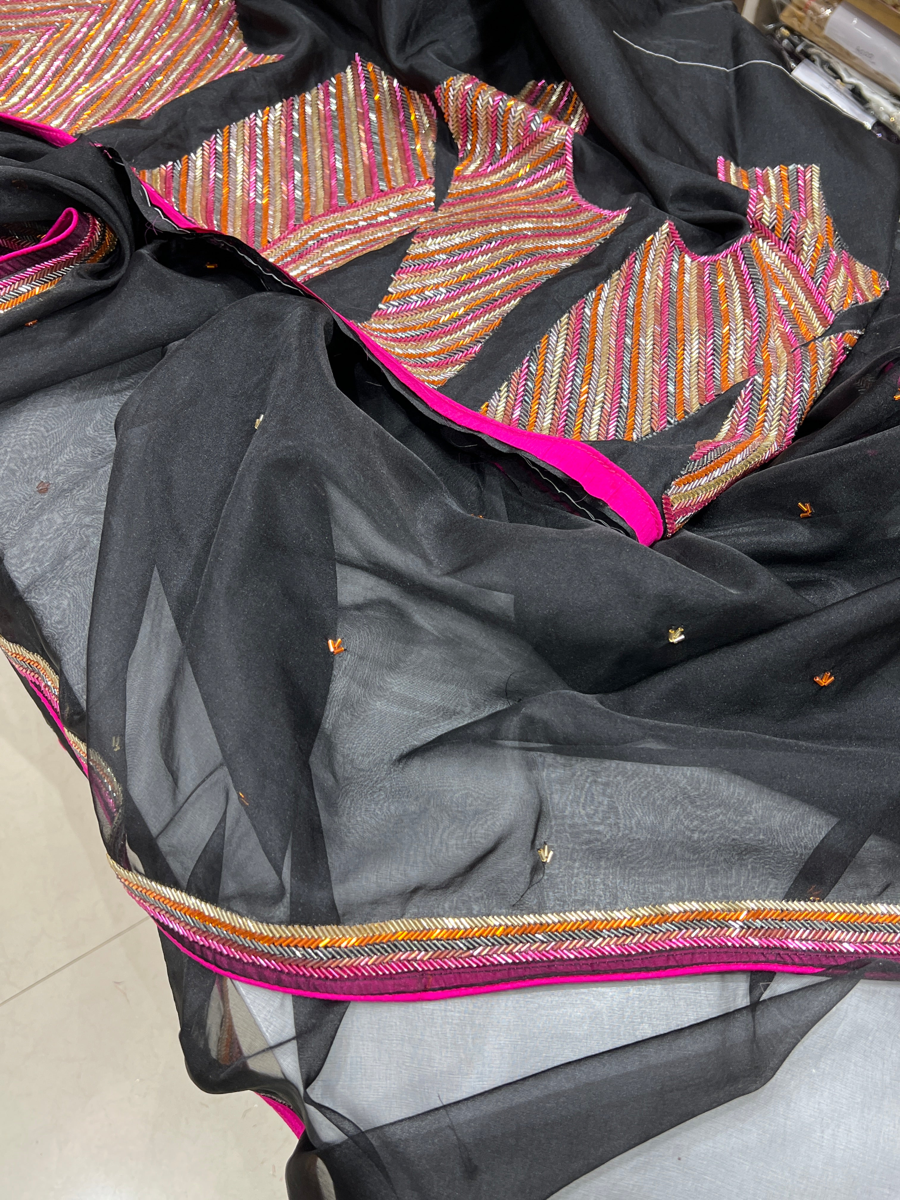 Black Organza Hand Embroidery Heavy Blouse Saree