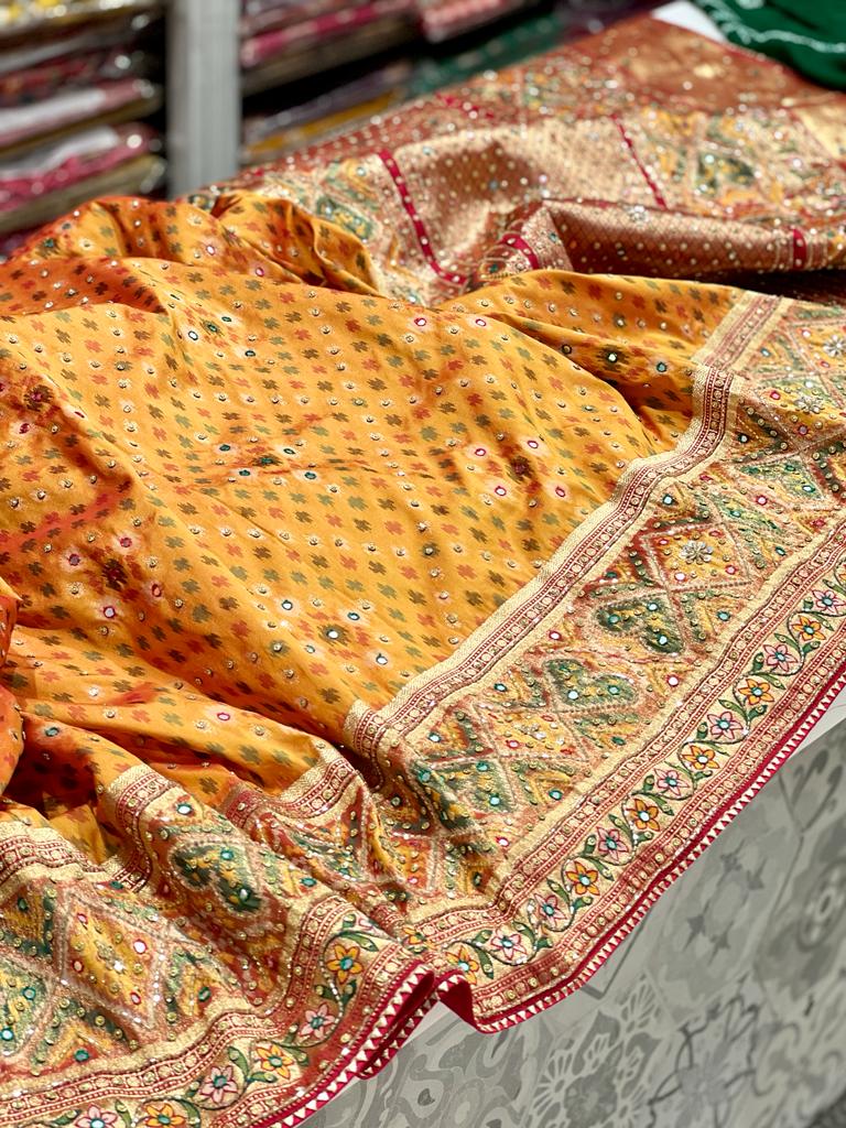 Mustard Patola Saree Kutchi Embroidery