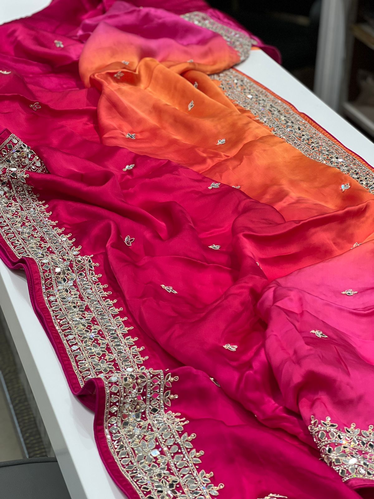 Shaded Satin Organza Mirror Work Saree