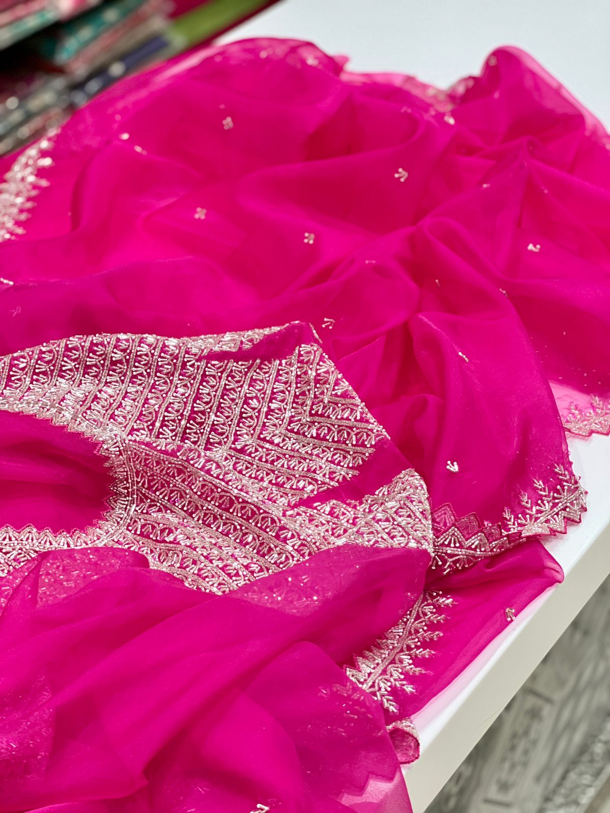 Rani Pink Organza Heavy Blouse Saree Salli Work
