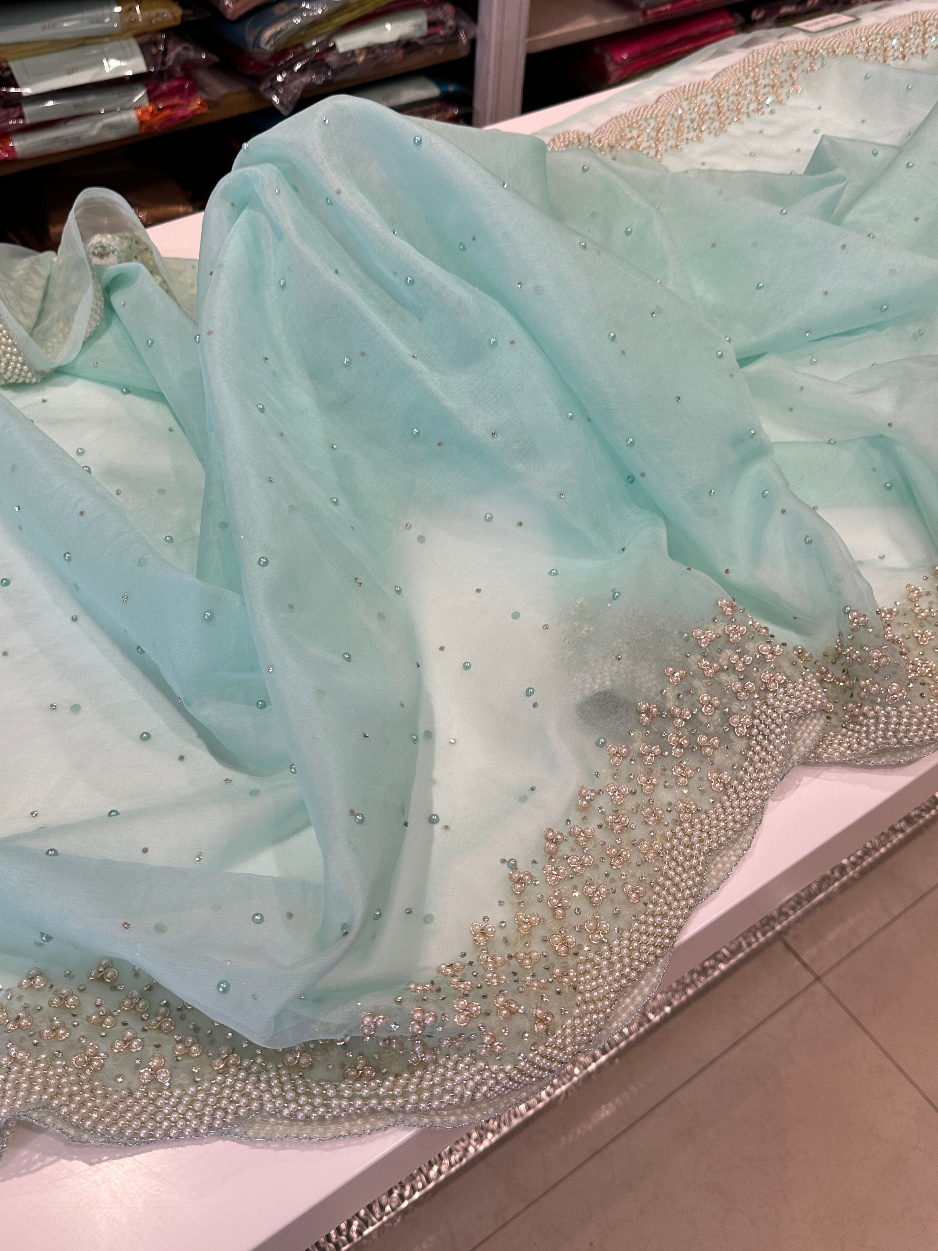 Blue Organza Moti Embroidery Saree