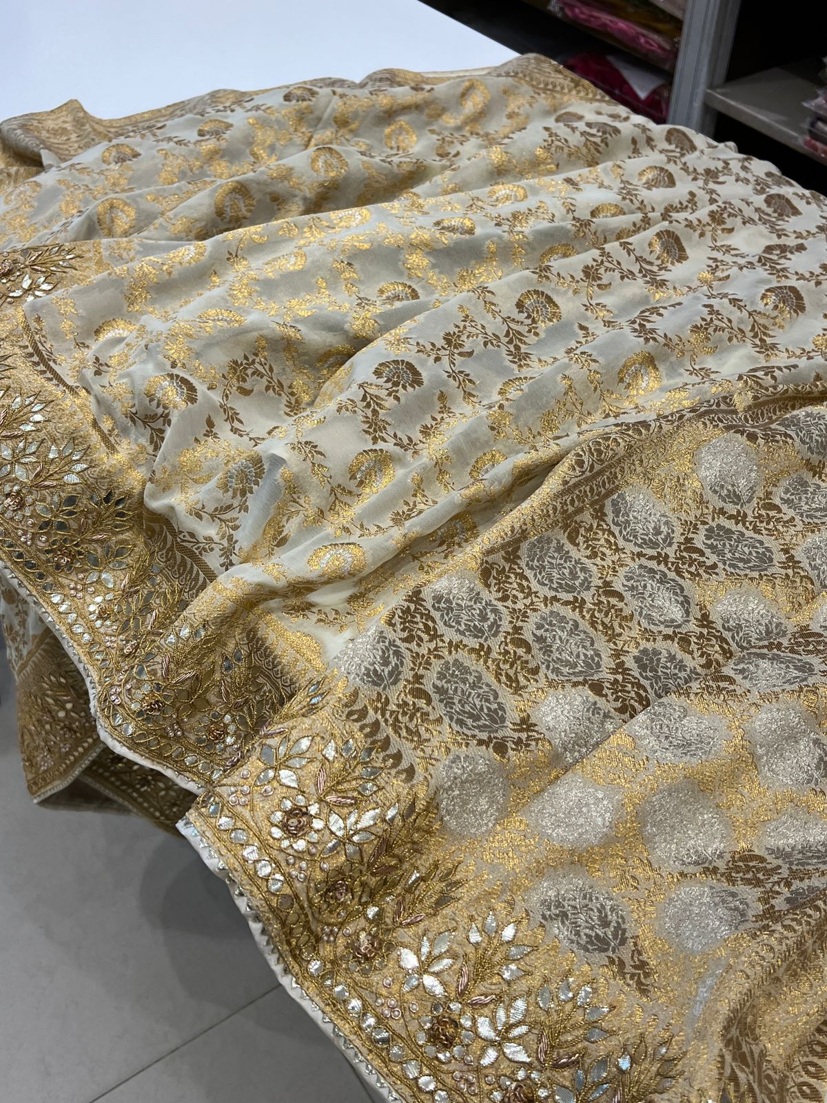 Beige Banarasi Khaddi Georgette Gotapatti Saree