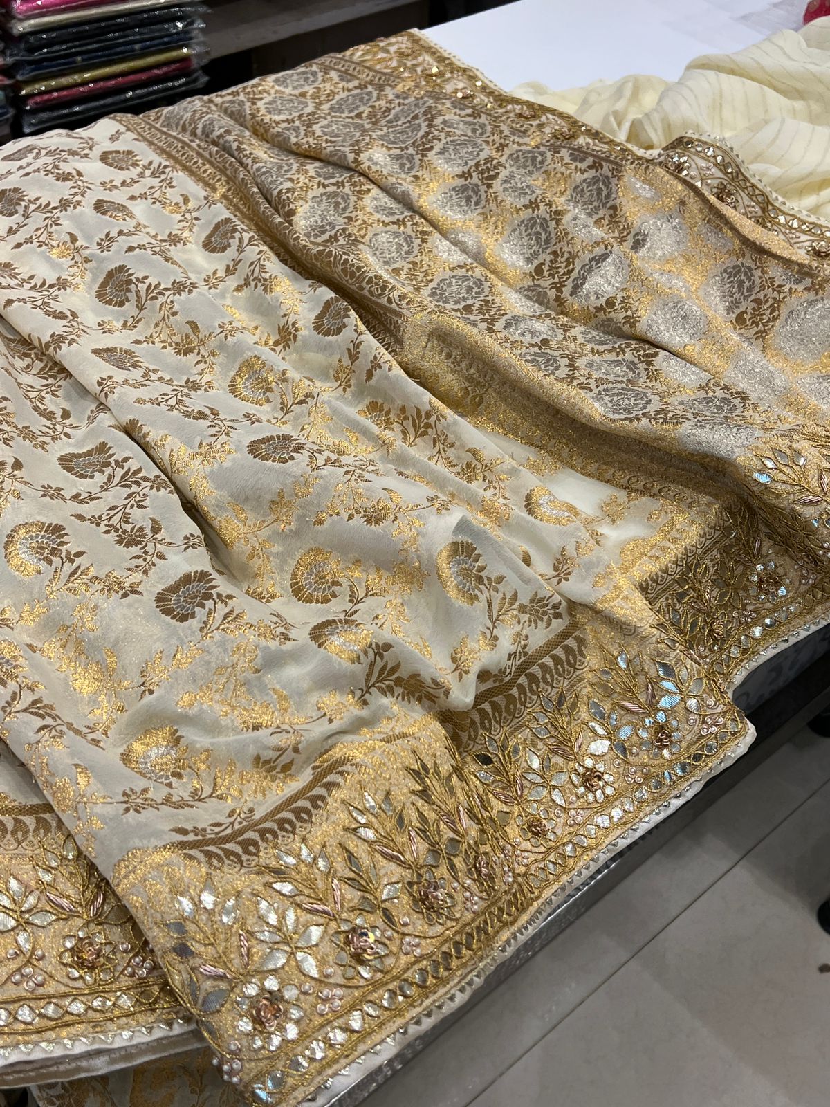 Beige Banarasi Khaddi Georgette Gotapatti Saree