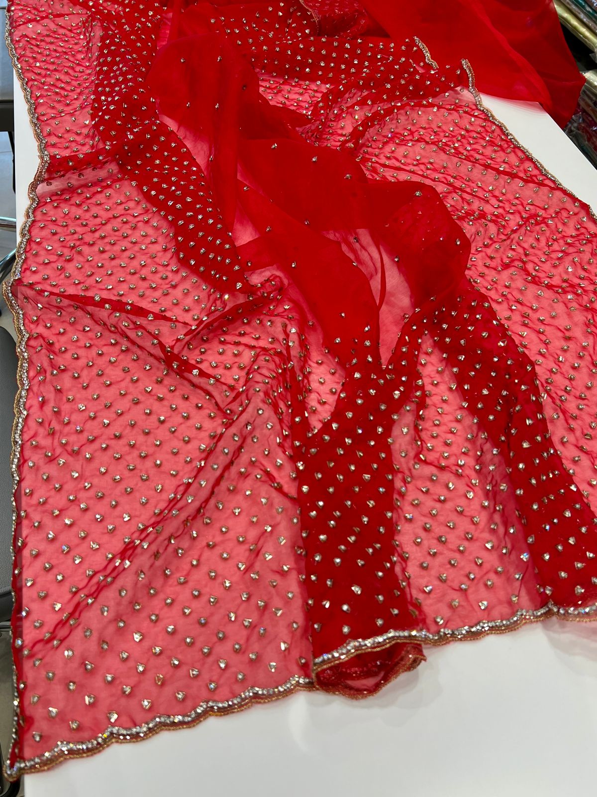 Red Organza Salli Stone Hand Embroidery Saree