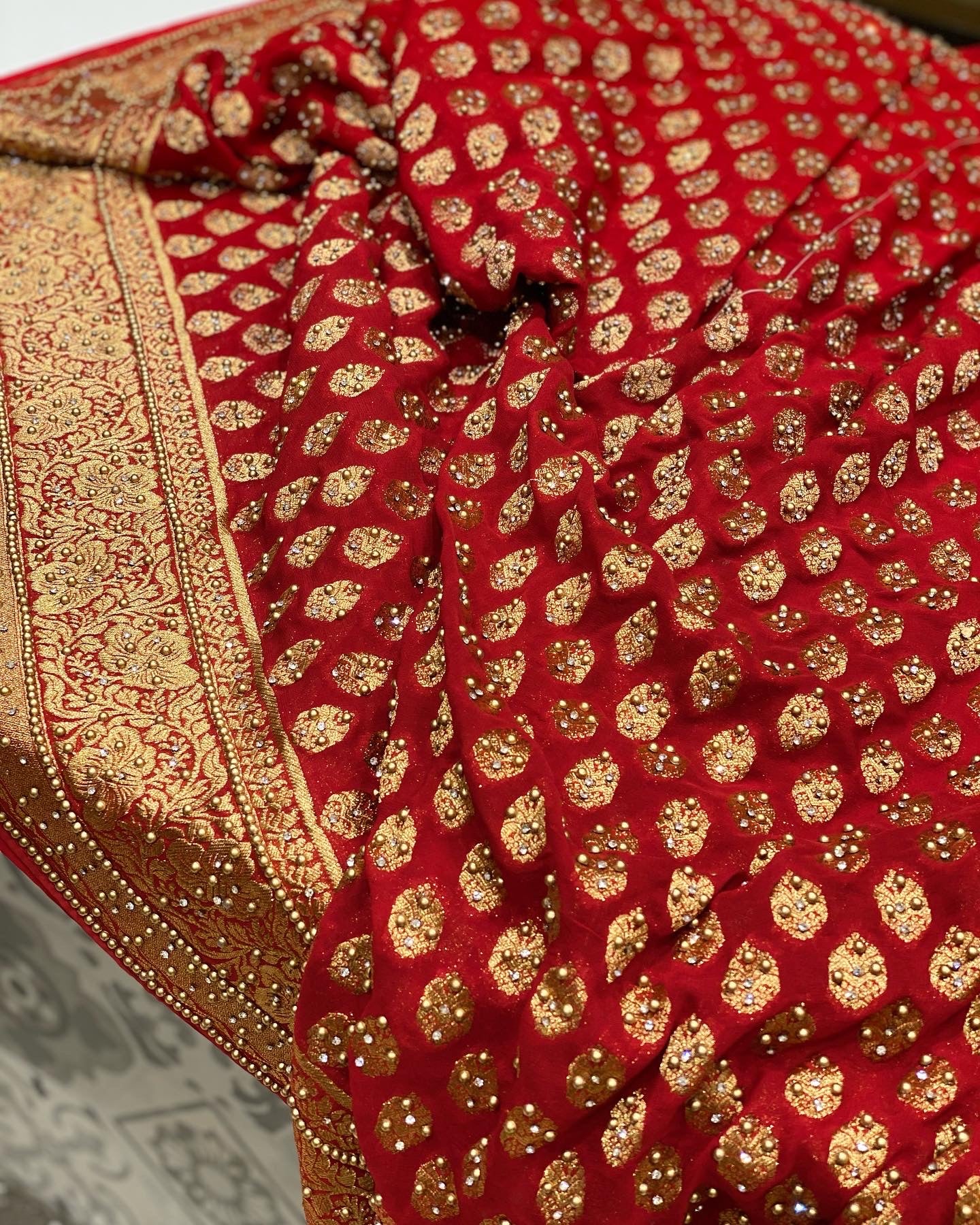 Red Banarasi Georgette with Buttis Hand Done