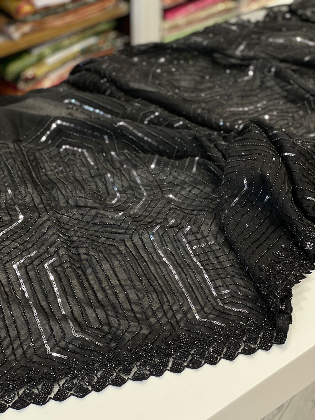 Black Organza Sequin Moti Embroidery Saree