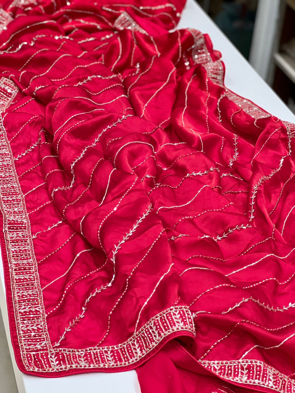 Red Satin Organza Hand Embroidery Saree