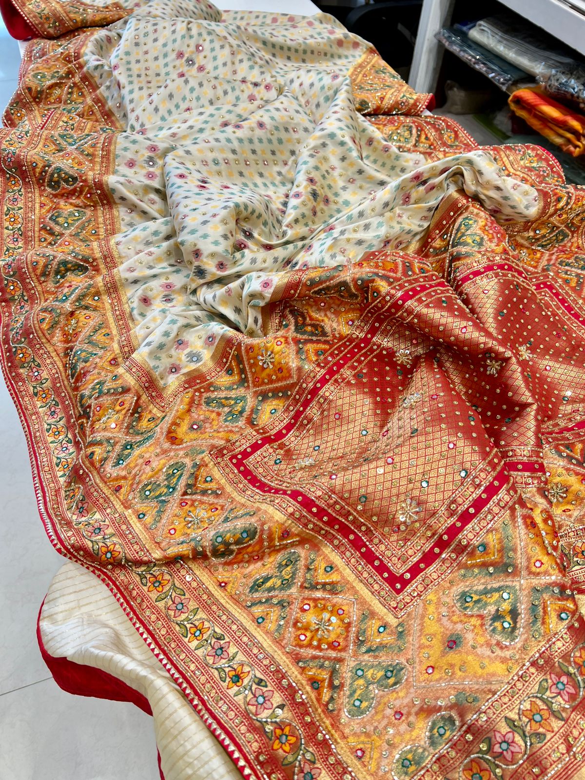 White Patola Saree Hand Embroidery Tissue Border