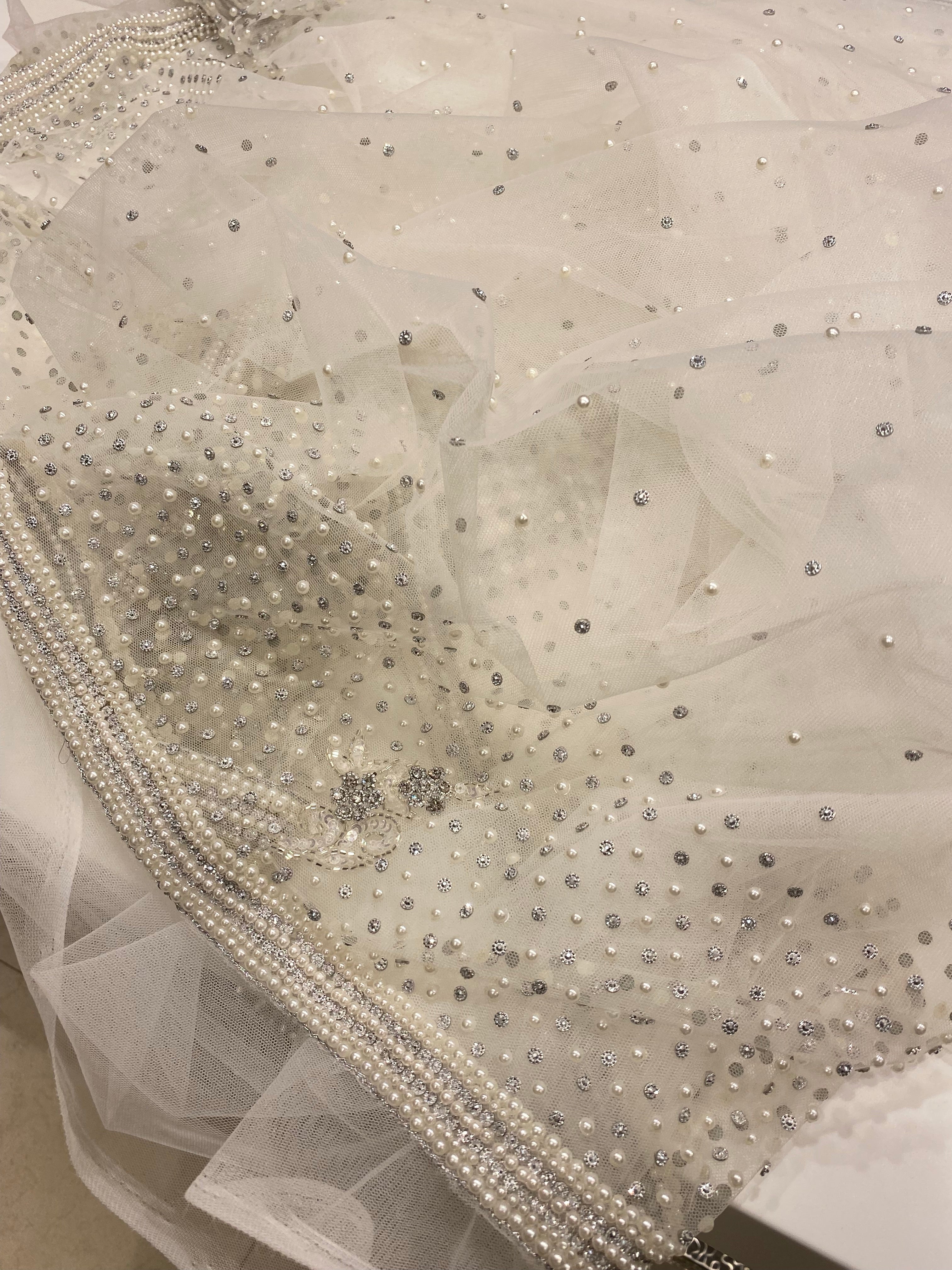 Moti White Hand Embroidery Net Saree
