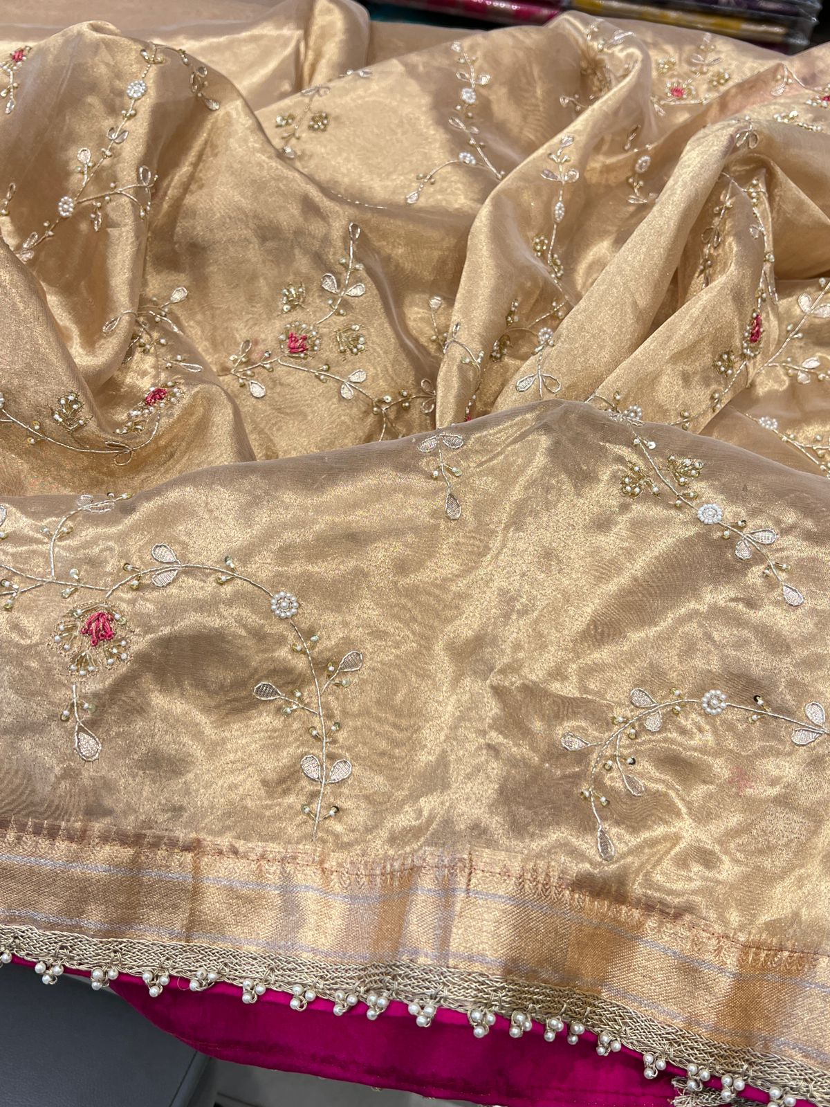 Tissue Rani Pink Hand Embroidery Saree