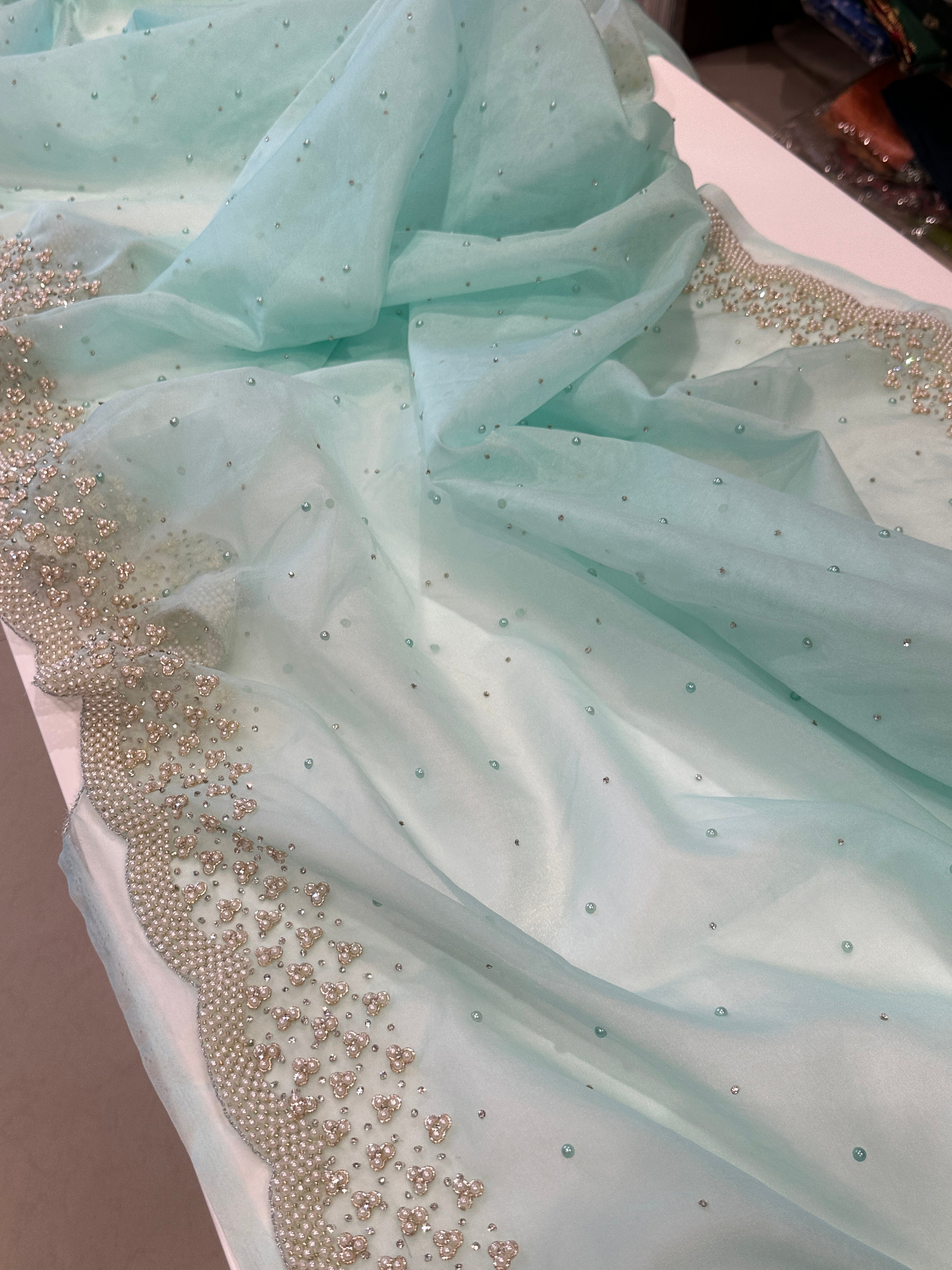 Blue Organza Moti Embroidery Saree