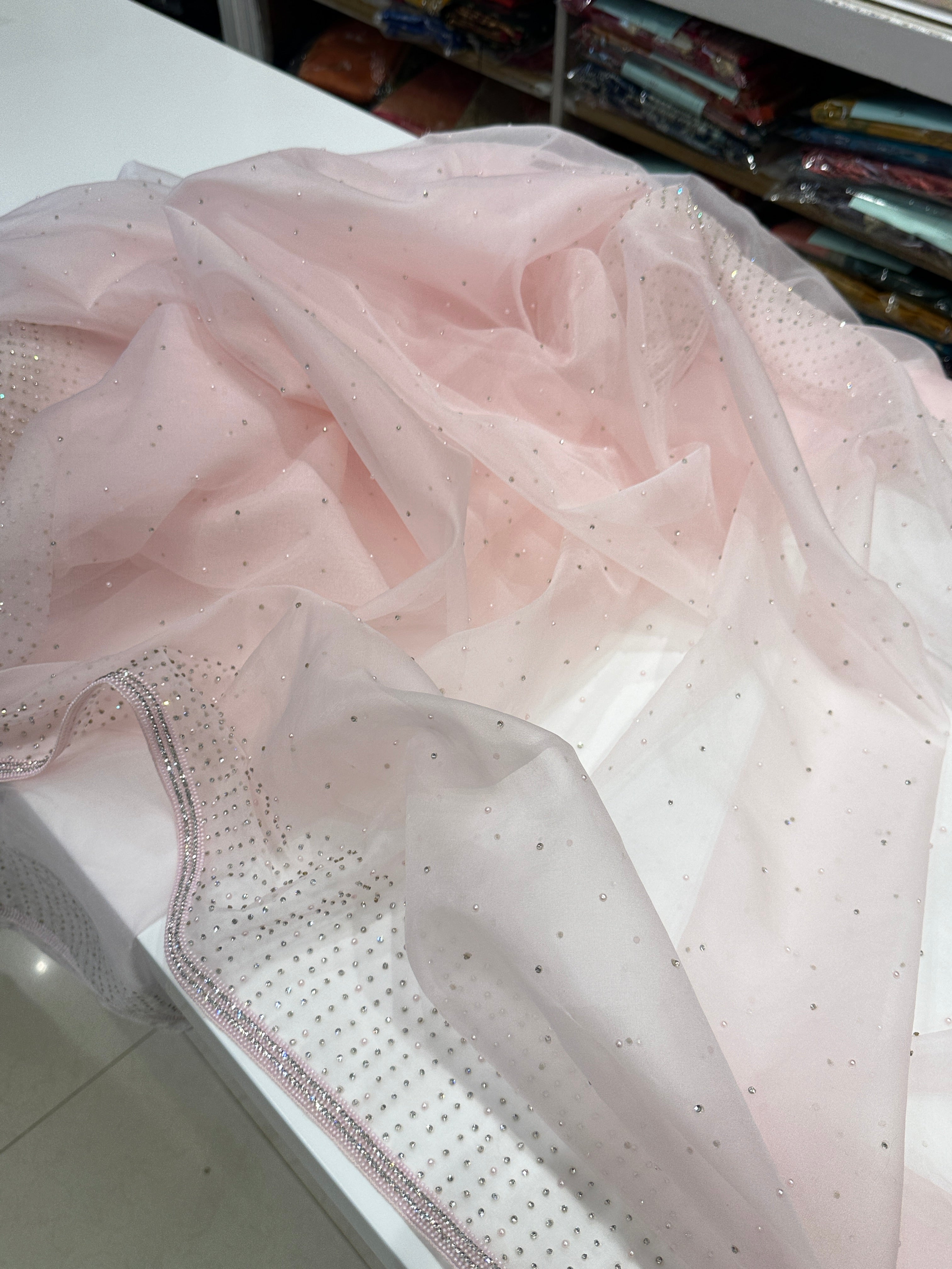 Pink Organza Moti And Stone Saree