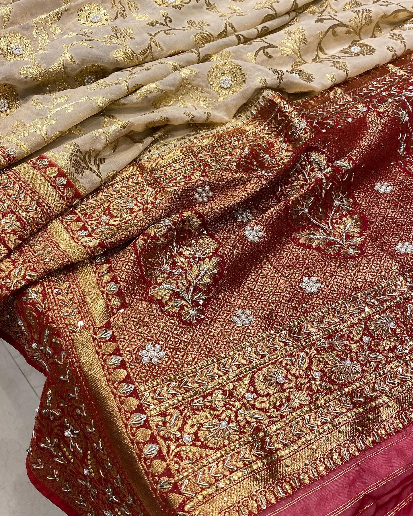Beige Red Georgette Jaal Embroidery Saree