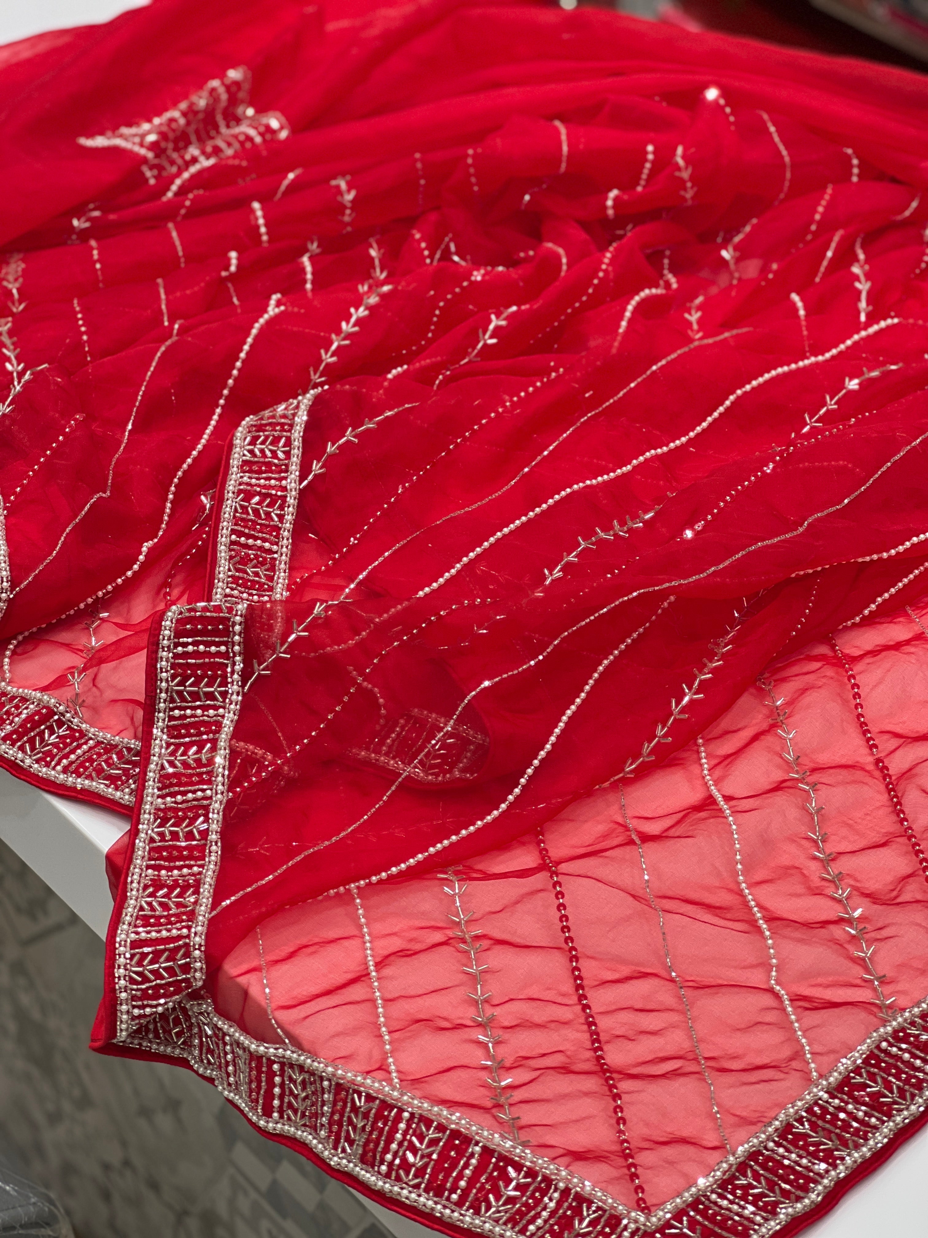 Red Organza Sequin Moti Leheriya Embroidery Saree