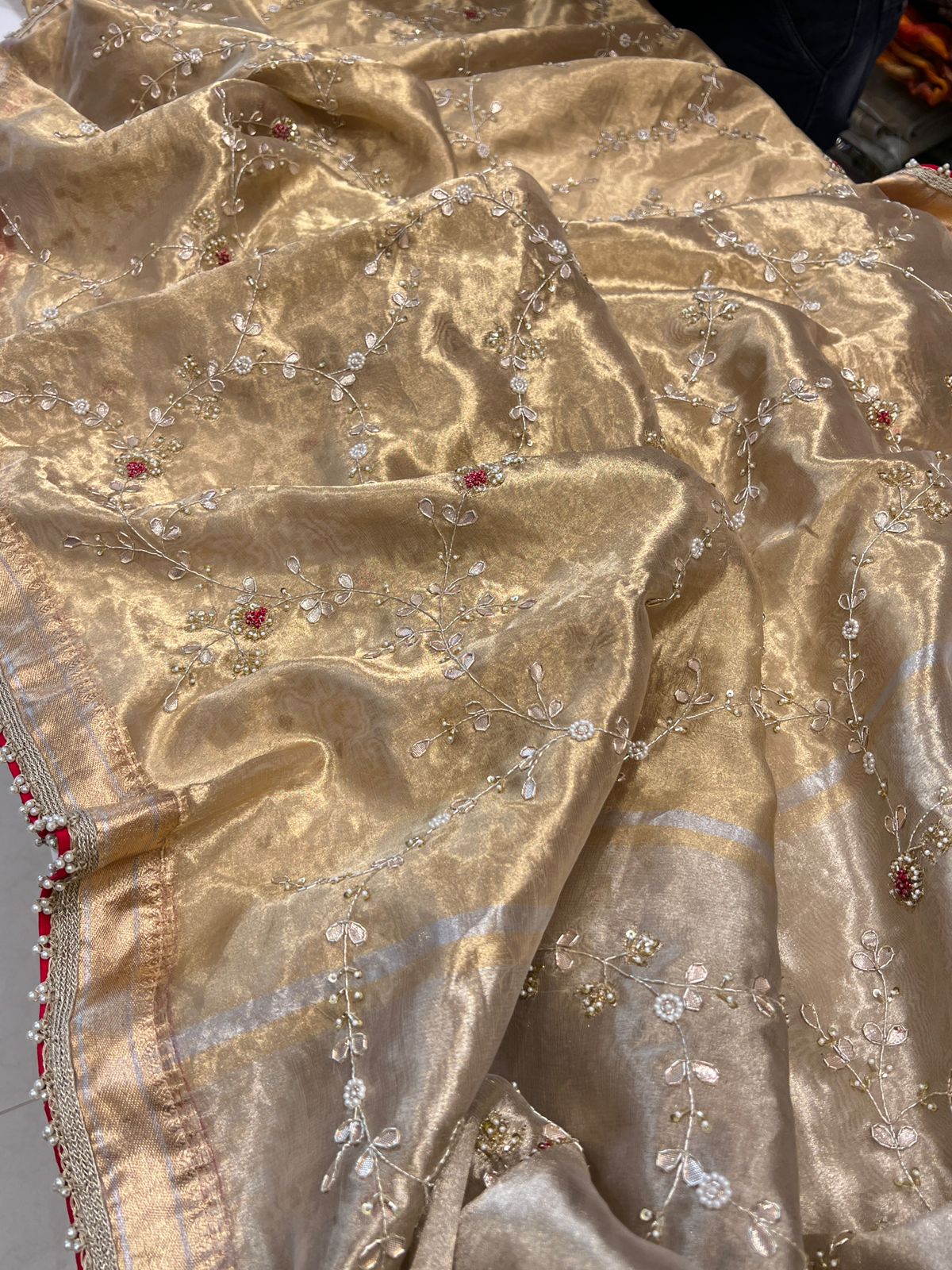Gold Handloom Tissue Red Resham Zardosi Hand Embroidery Saree