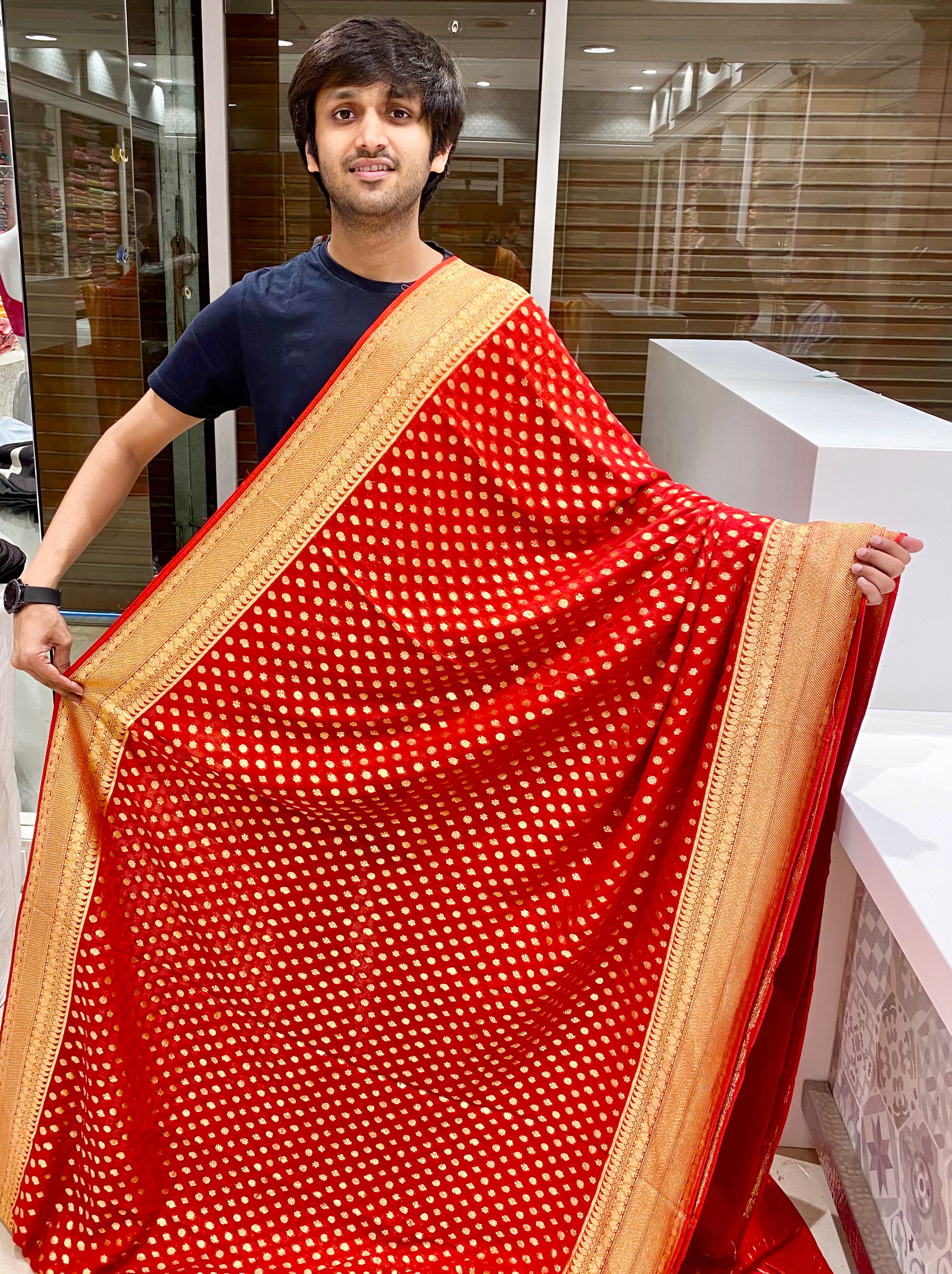 Red Banarasi Khaddi Georgette With Buttis
