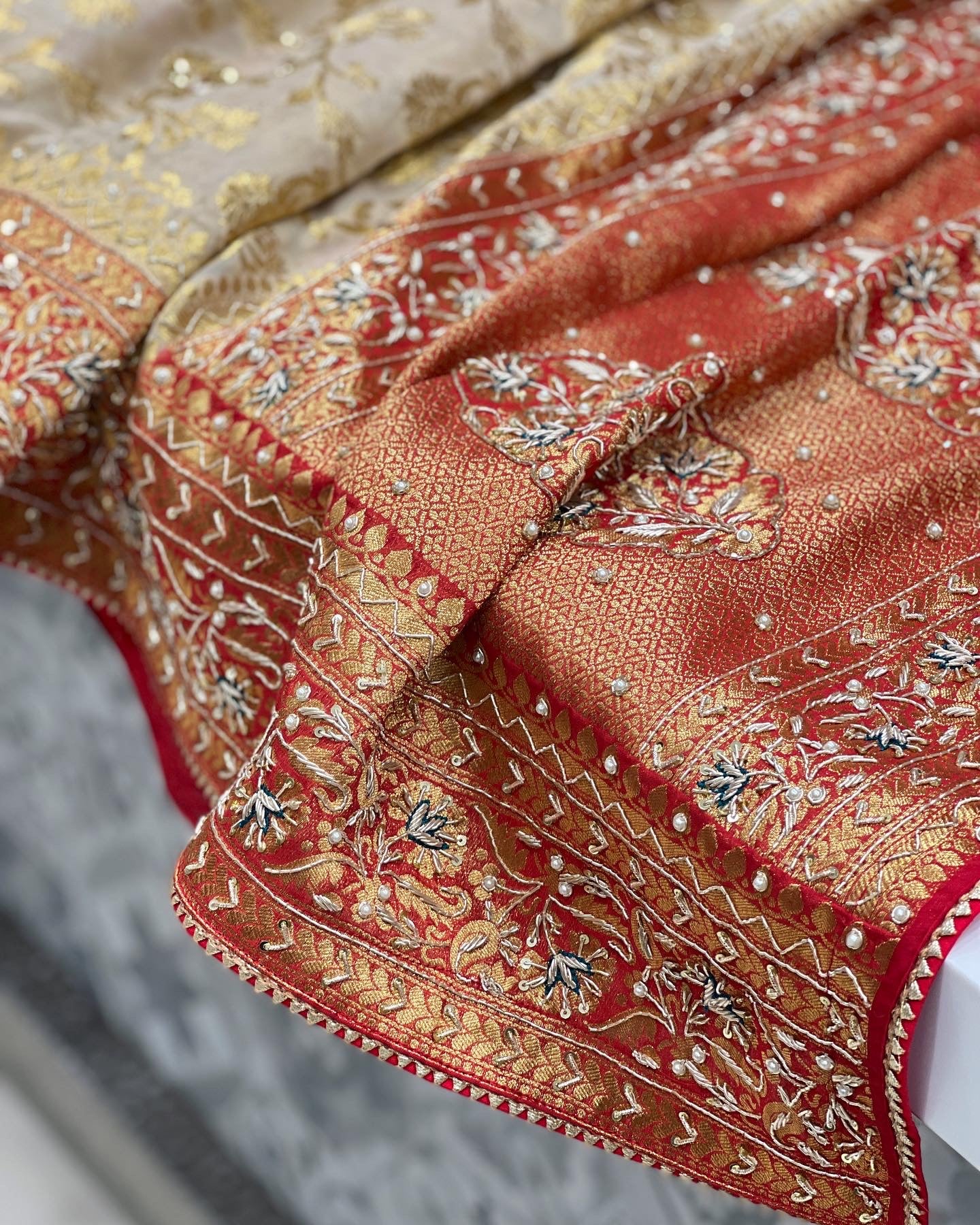 Beige Red Banarasi Khaddi Georgette Zardosi Saree