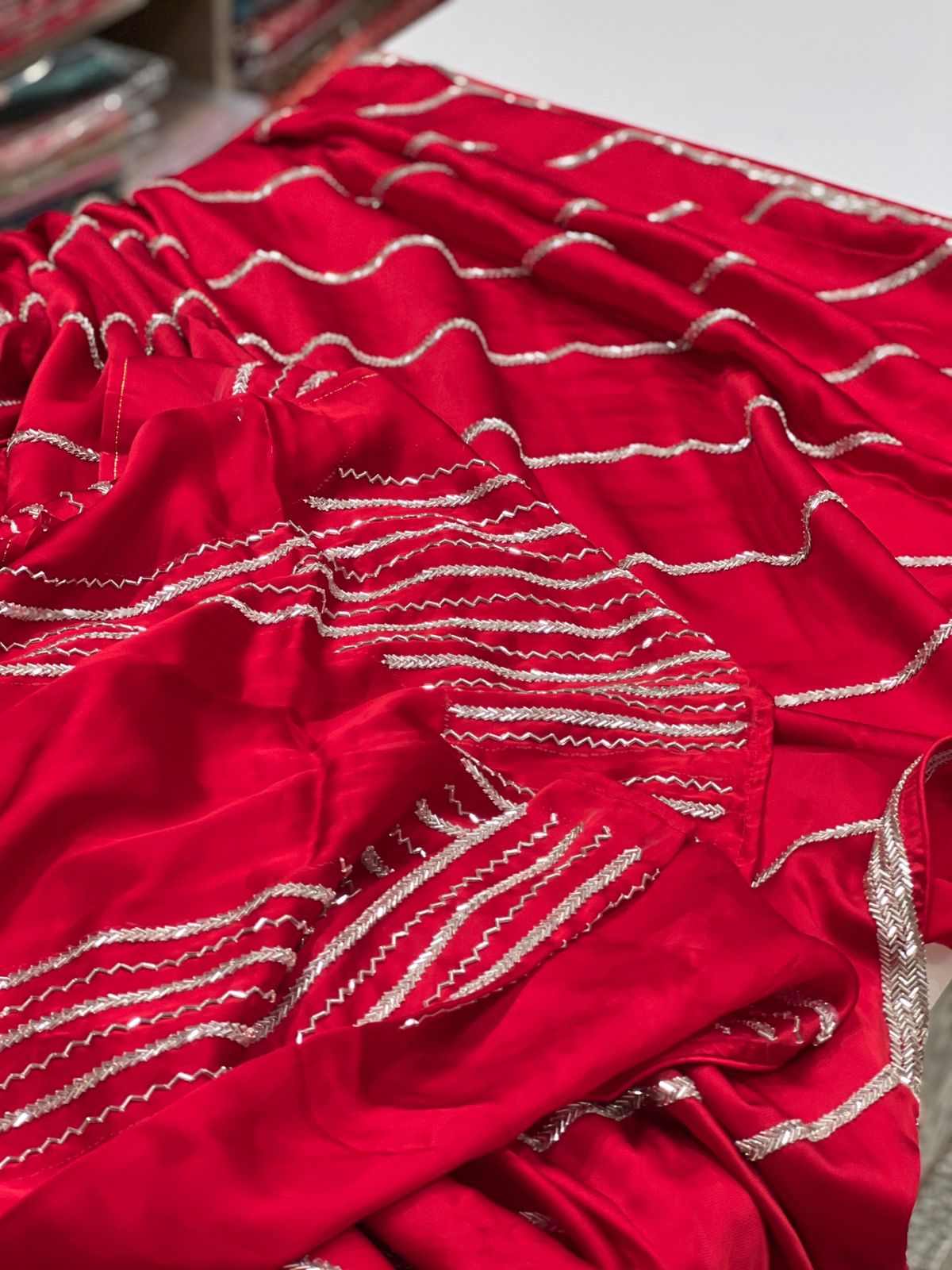 Red Satin Contemporary Hand Embroidery Saree