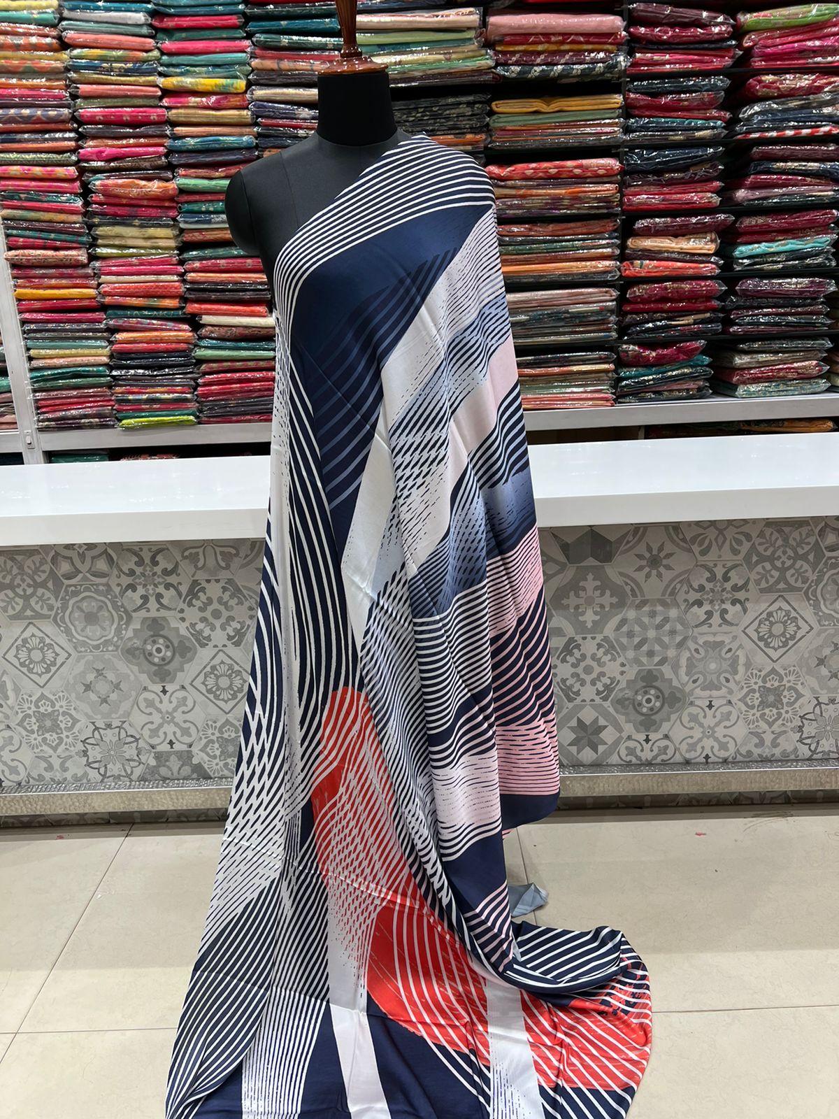 Abstract Satin Printed Blue Red Saree