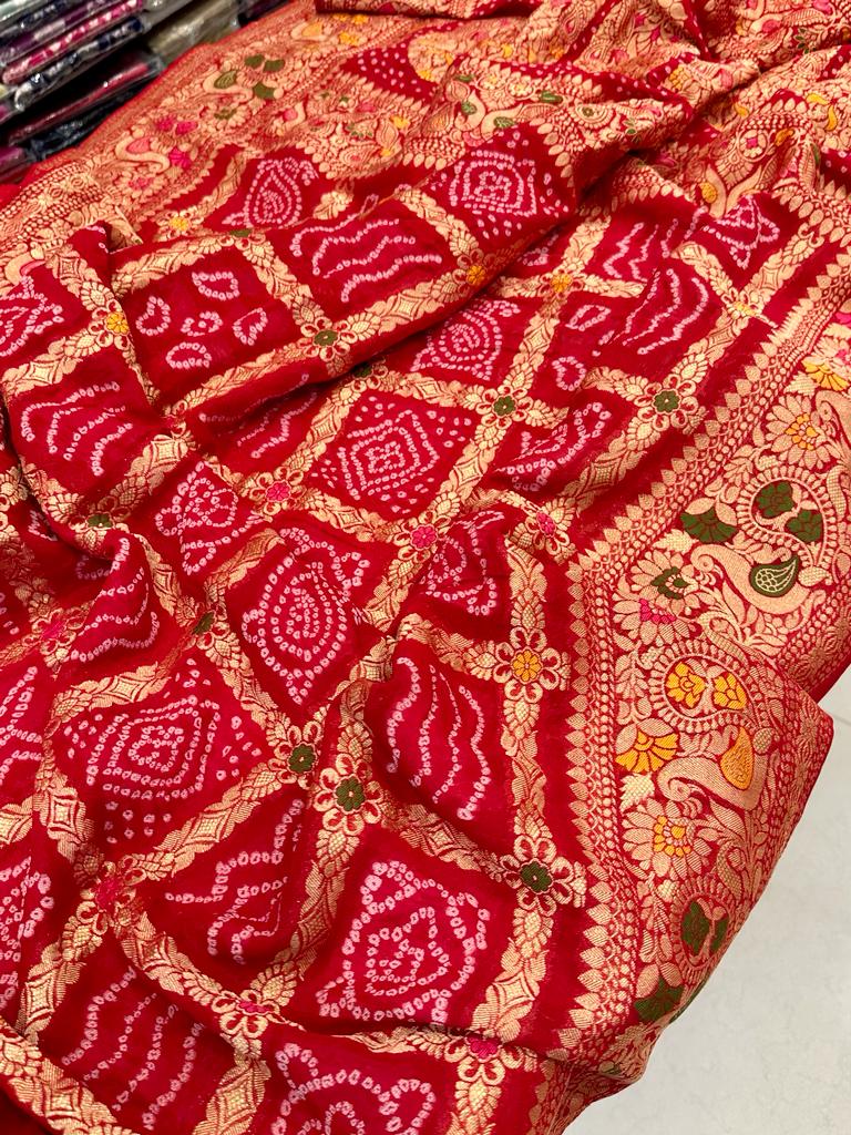 Red Gharchola Woven Bandhej Saree