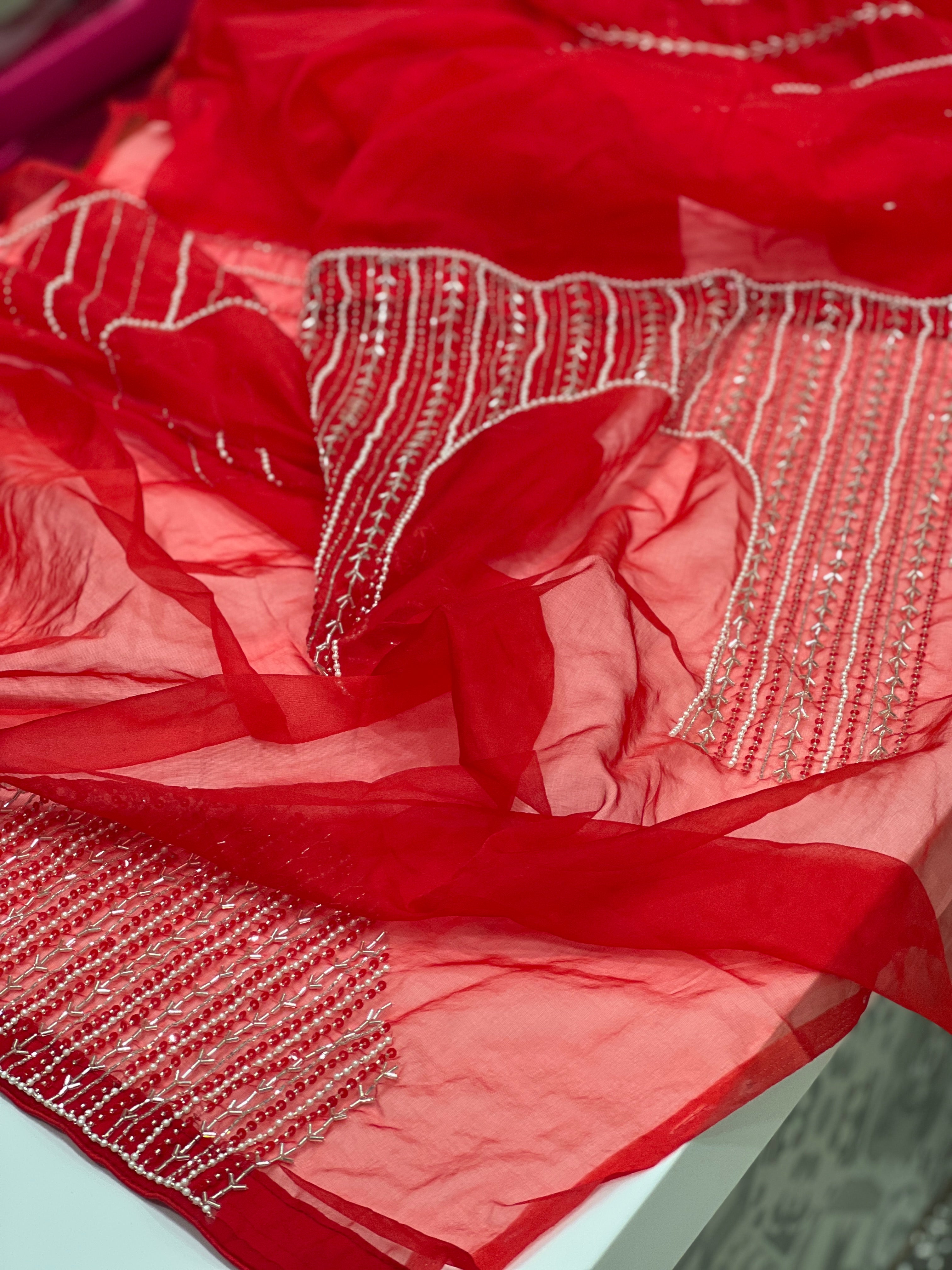Red Organza Sequin Moti Leheriya Embroidery Saree