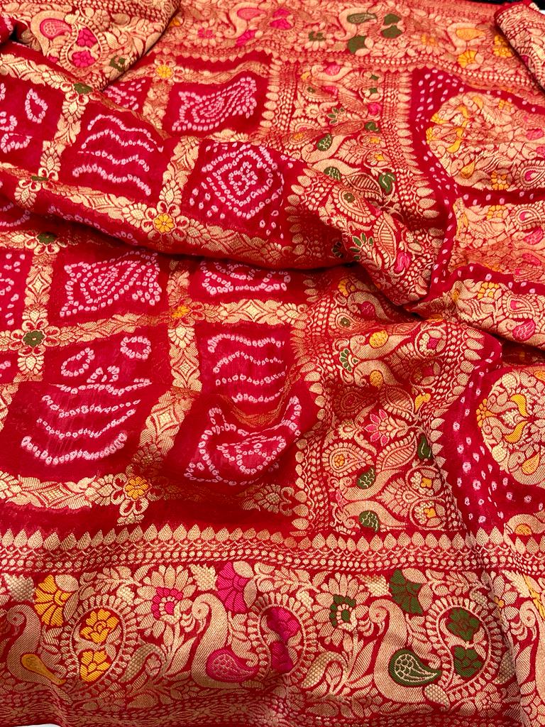 Red Gharchola Woven Bandhej Saree