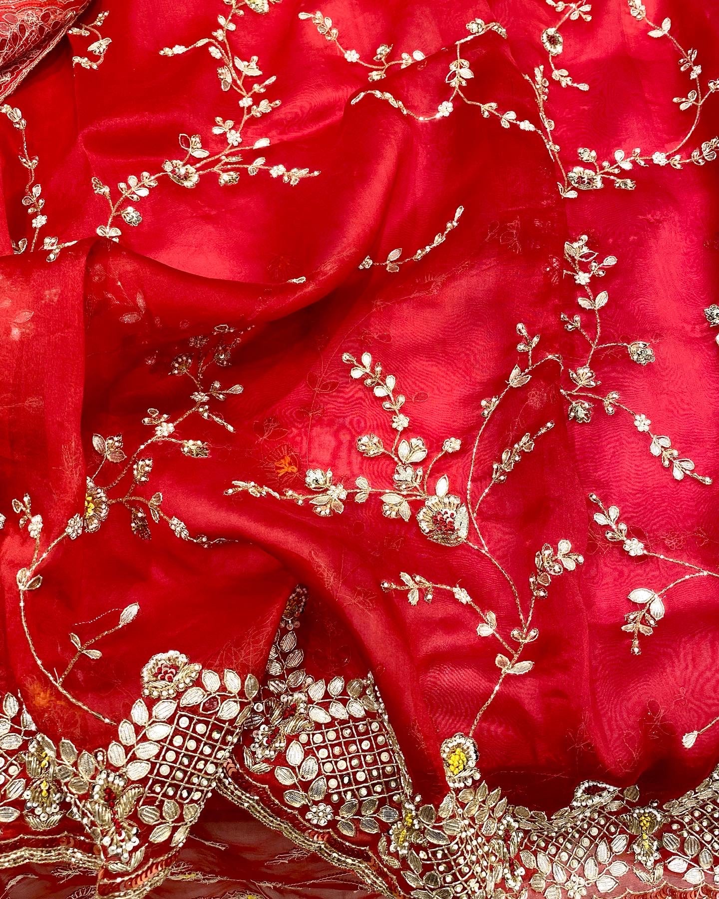 Red Hand Embroidery Organza Saree