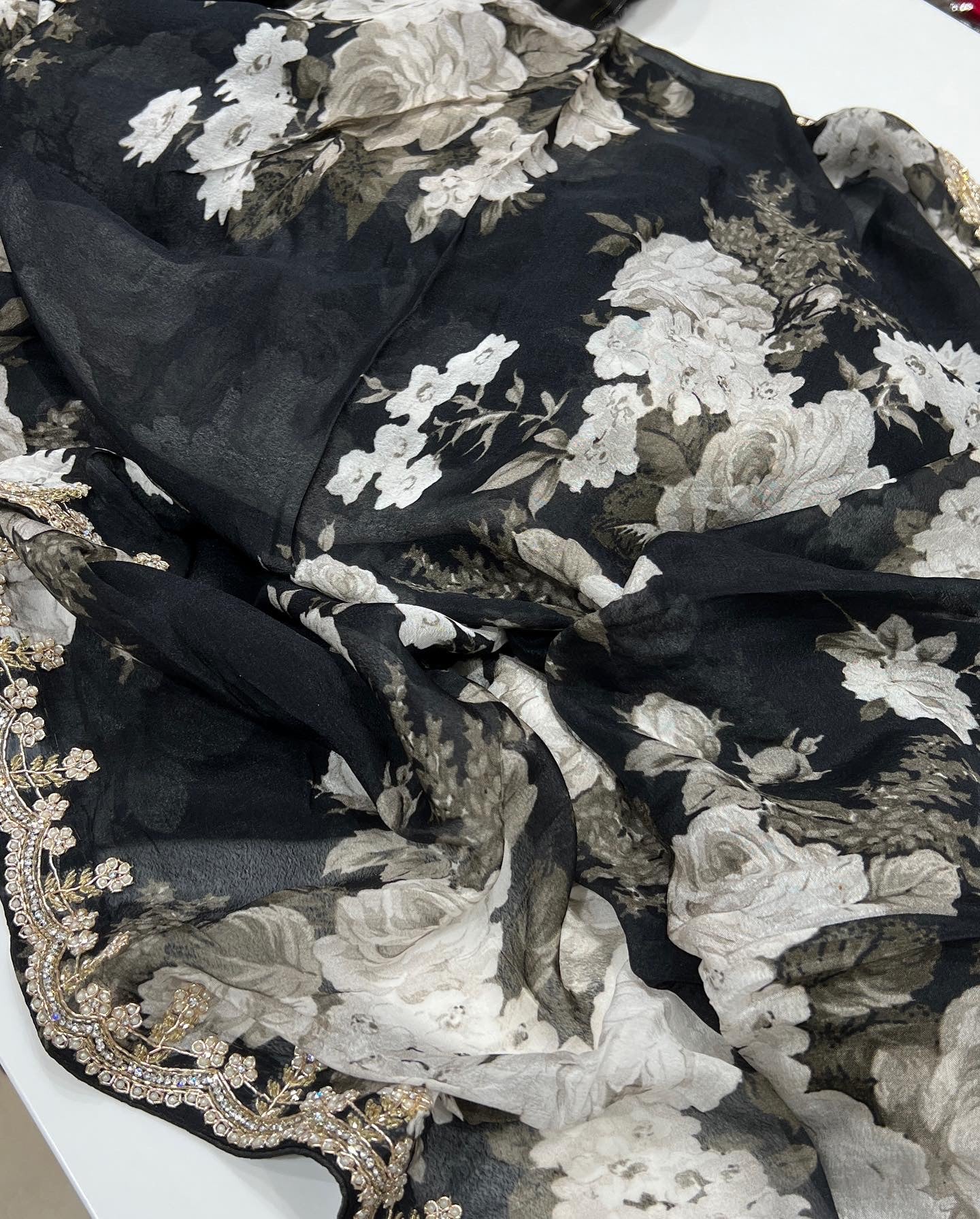 Printed Chiffon Hand Embroidery b/w