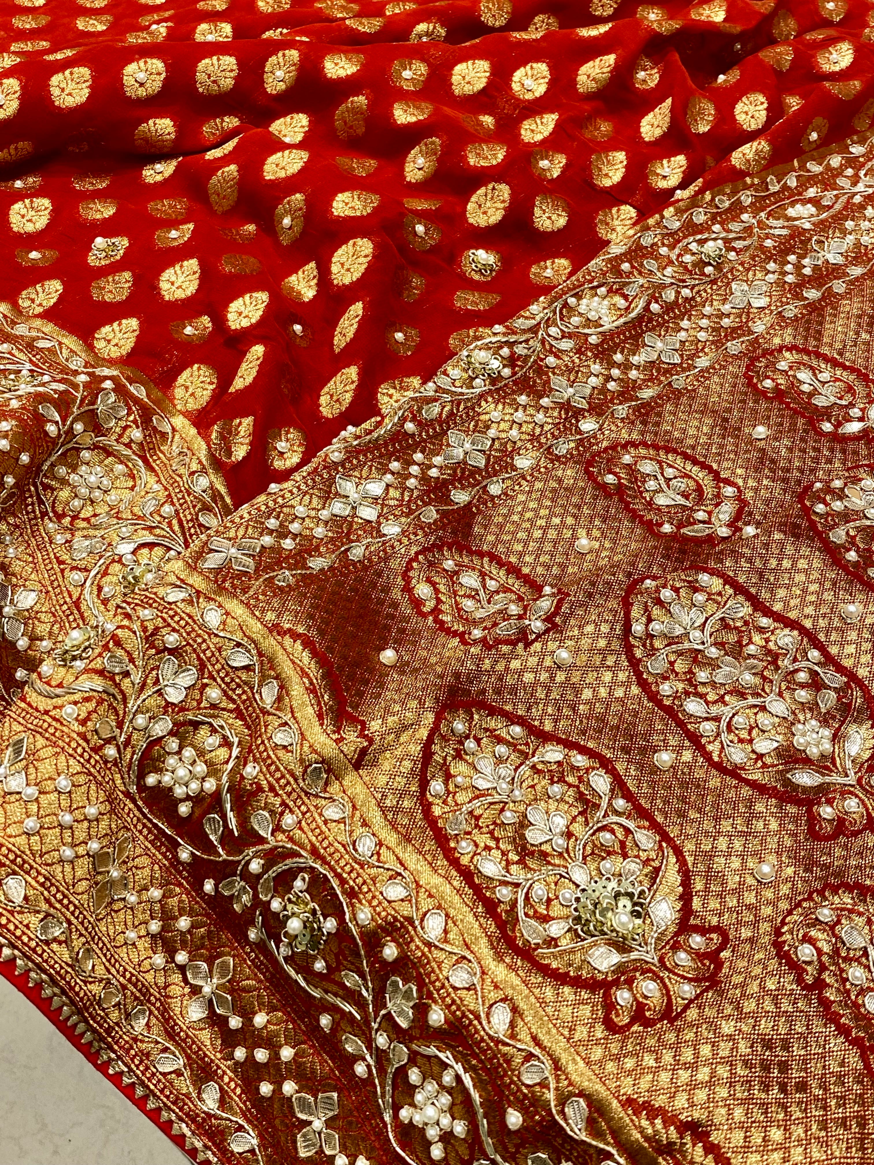 Red Banarasi Buttis with Hand Embroidery Georgette Saree