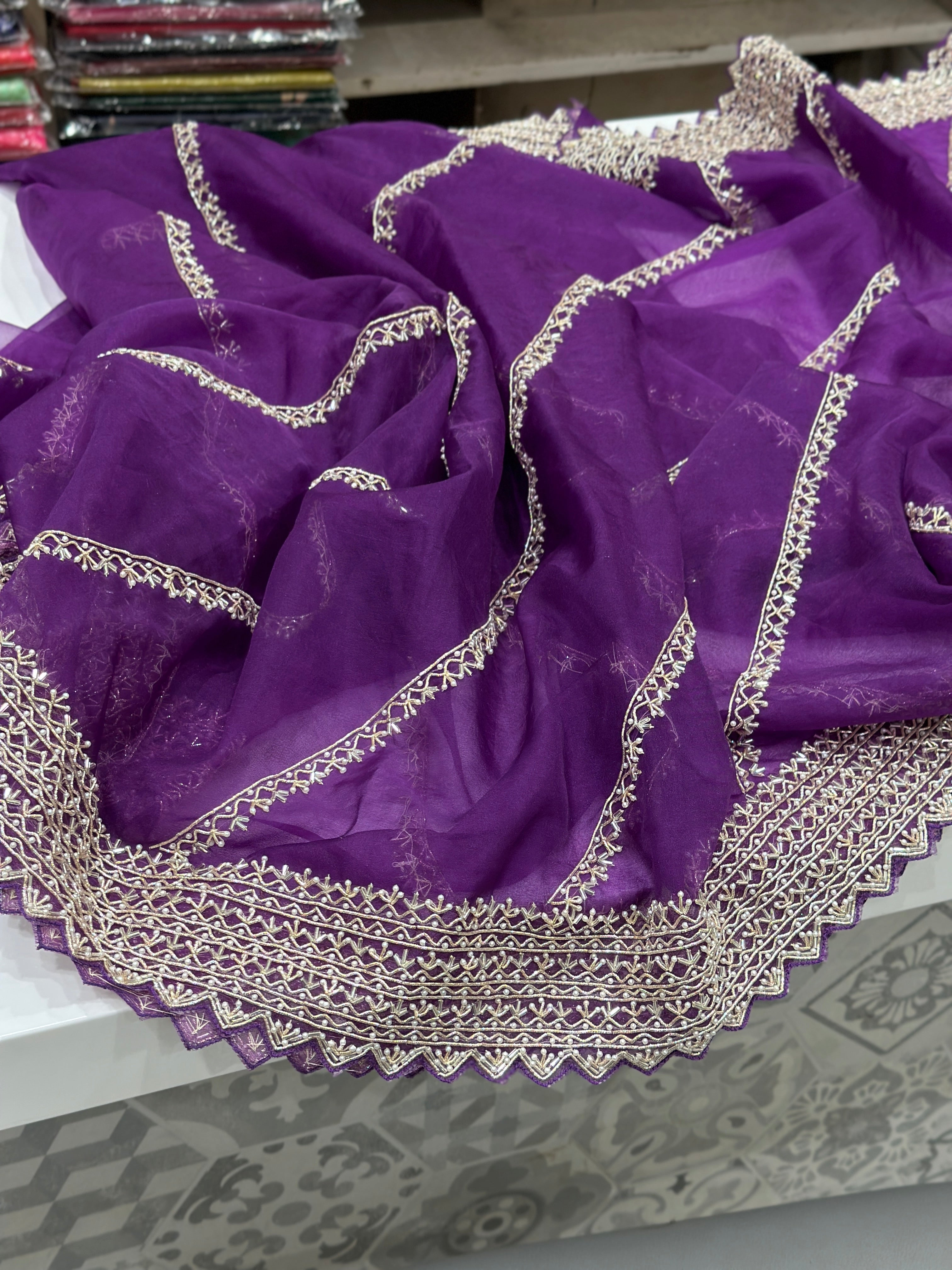 Violet Organza Zardosi Hand Embroidery Saree
