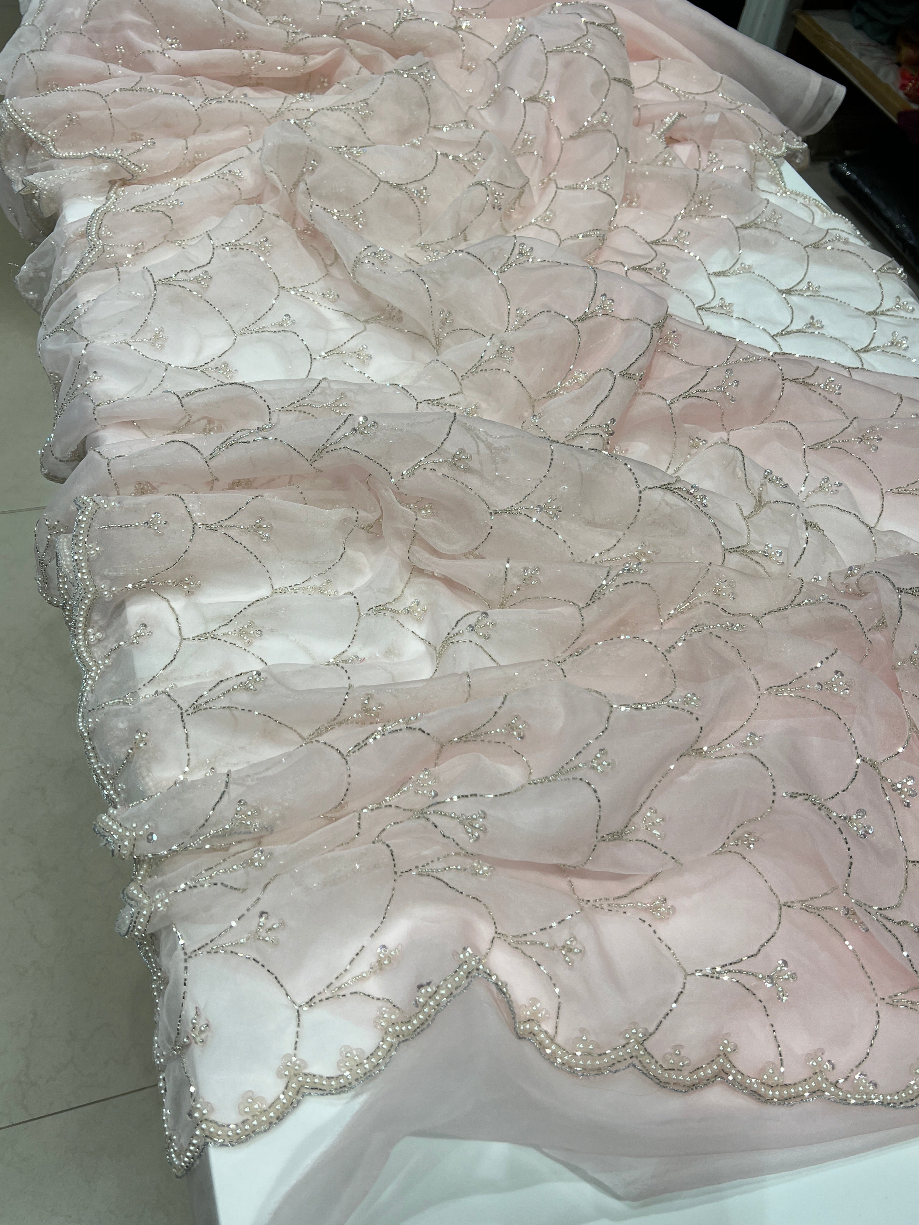 Pink Organza Moti Sequin Hand Embroidery Saree