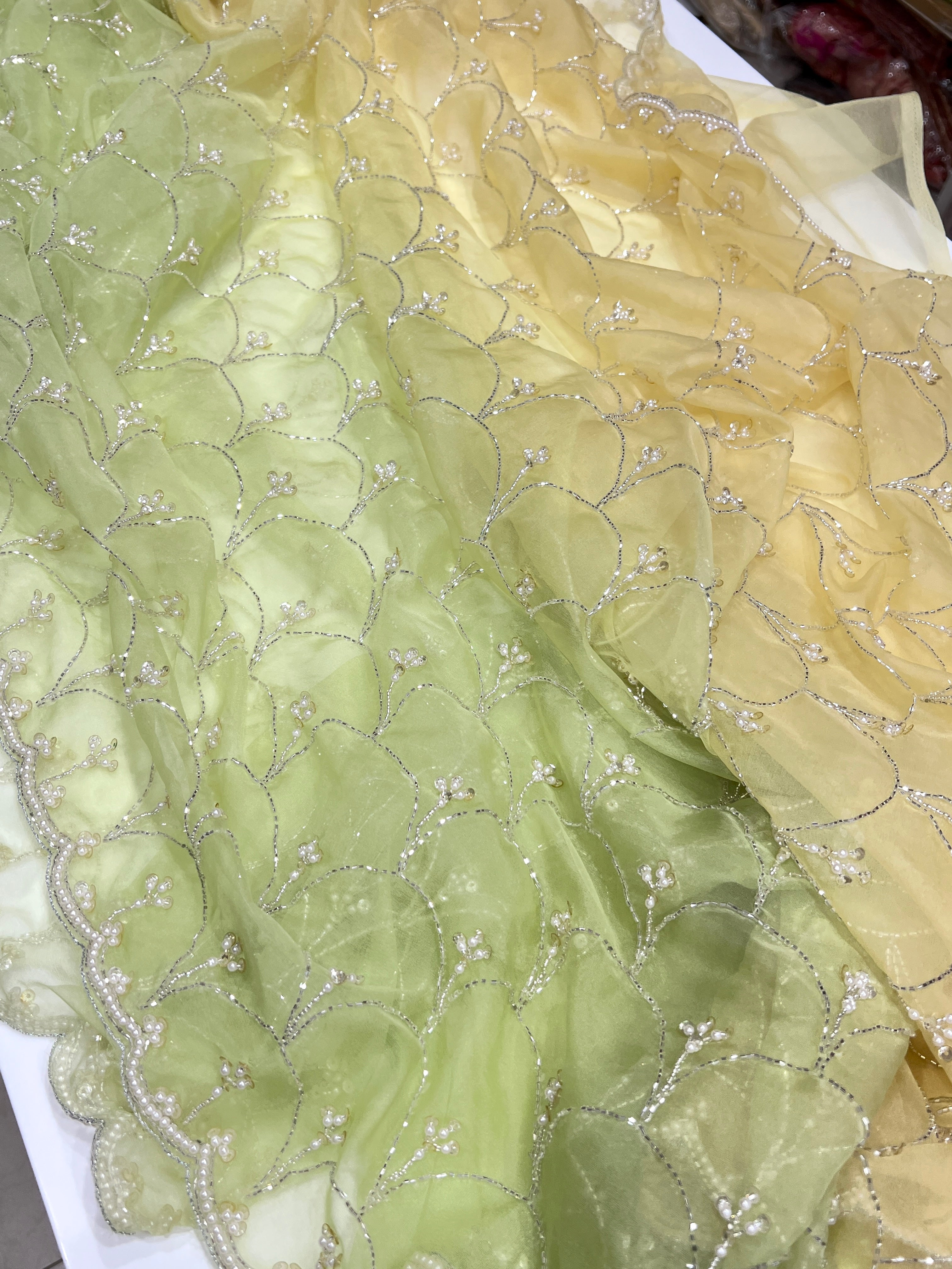 Shaded Green Yellow Organza Sequin Moti
