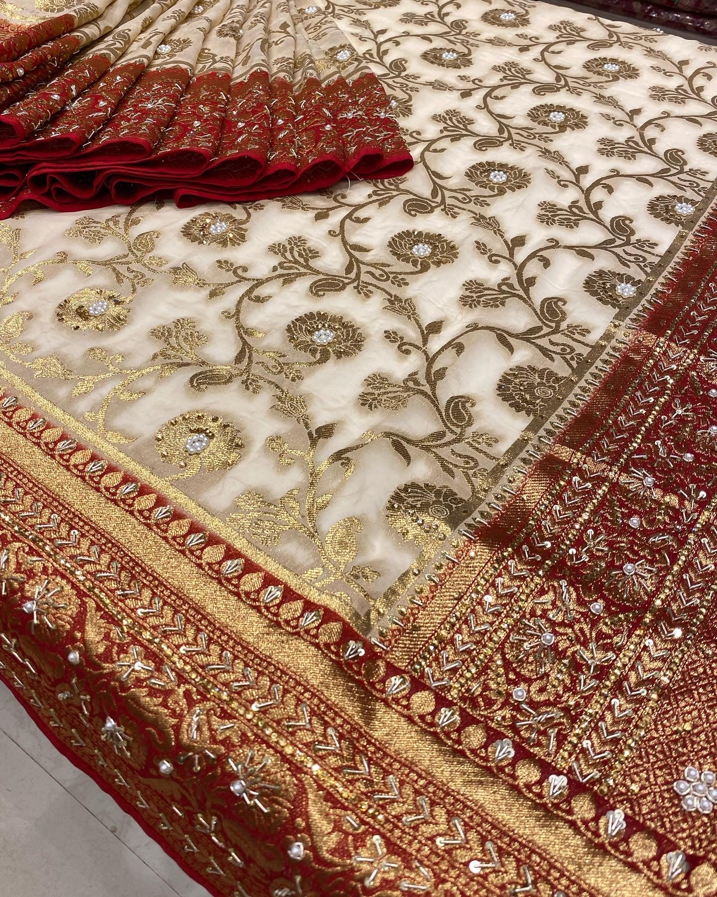 Beige Red Georgette Jaal Embroidery Saree