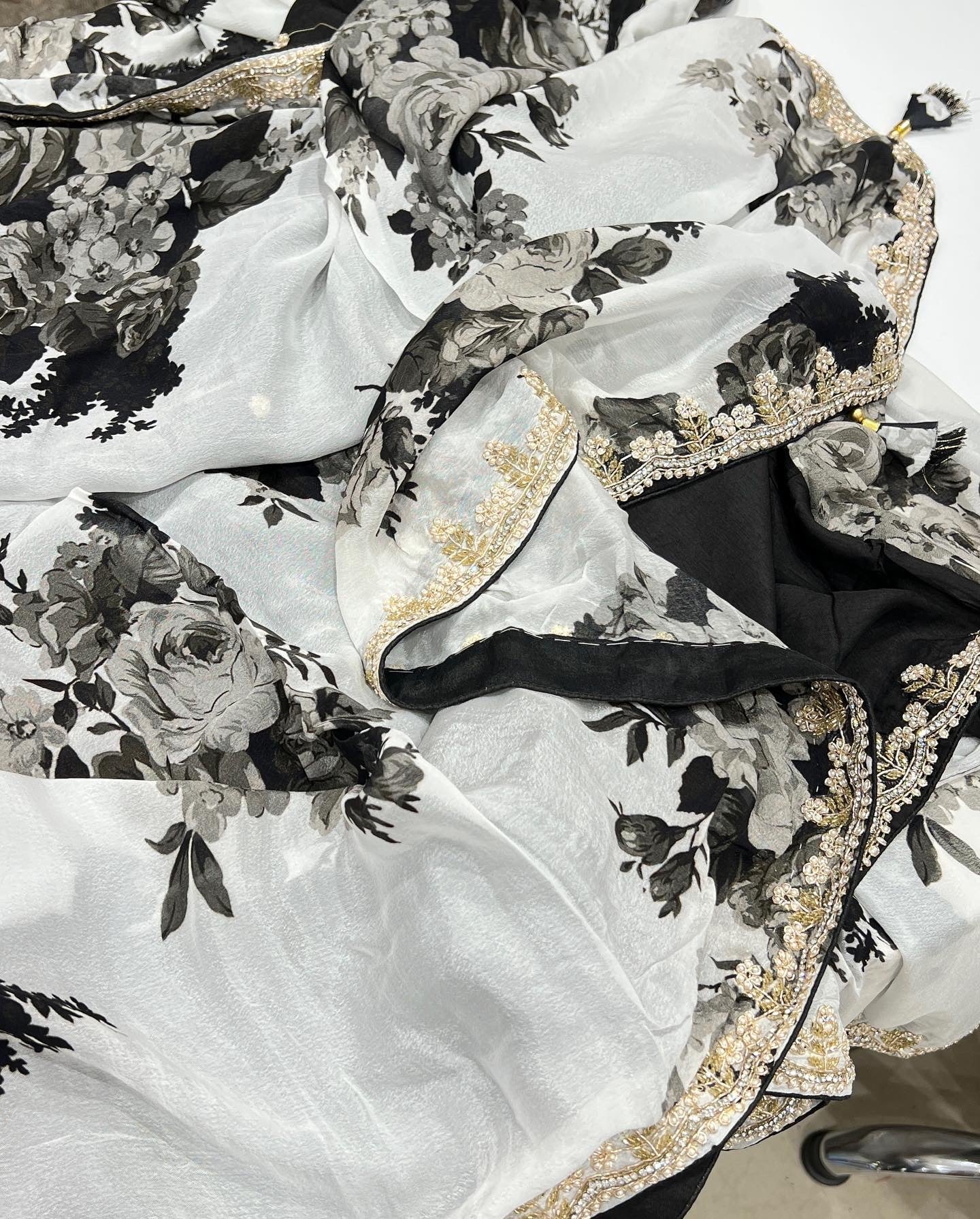 Printed Chiffon Hand Embroidery b/w