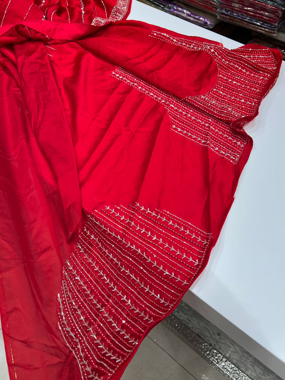 Red Satin Organza Hand Embroidery Saree